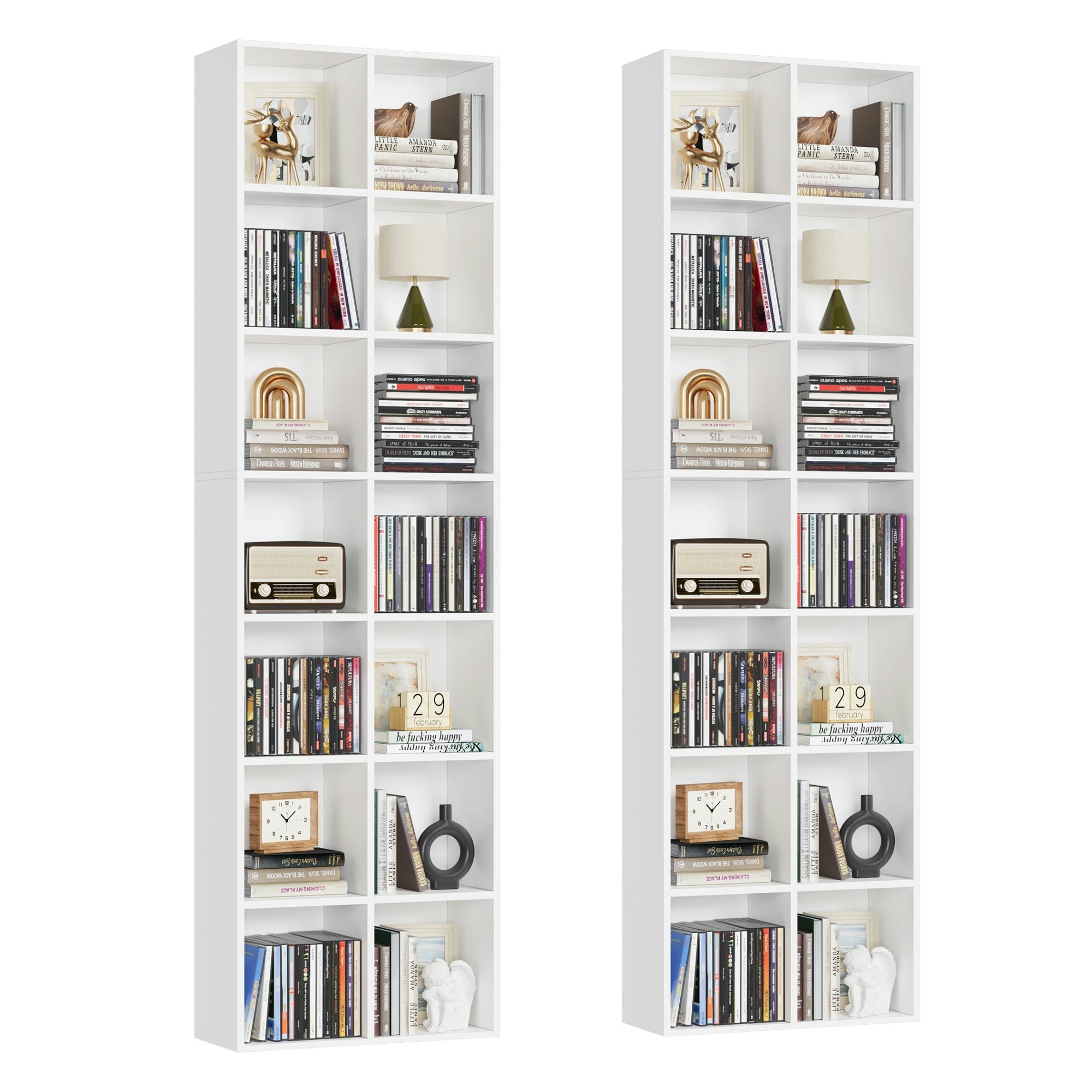 Hiphuta 2PCS Double 7-Tier Media Tower Rack, Tall Narrow Bookcase Display Bookshelf, Cube Bookcase for Living Room, CD DVD Slim Storage Cabinet with Adjustable Shelves, White