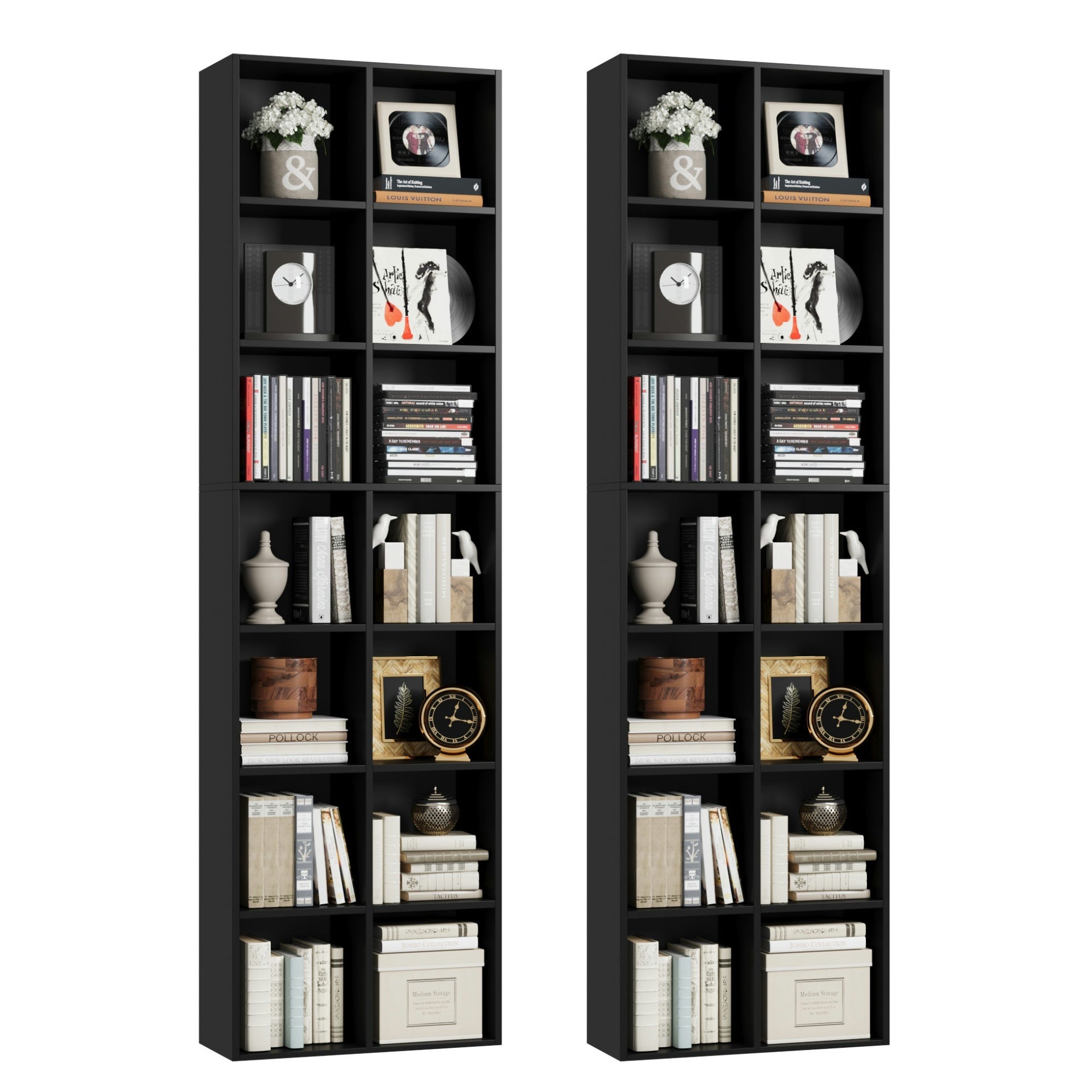 Hiphuta 2PCS Double 7-Tier Media Tower Rack, Tall Narrow Bookcase Display Bookshelf, Cube Bookcase for Living Room, CD DVD Slim Storage Cabinet with Adjustable Shelves, Black