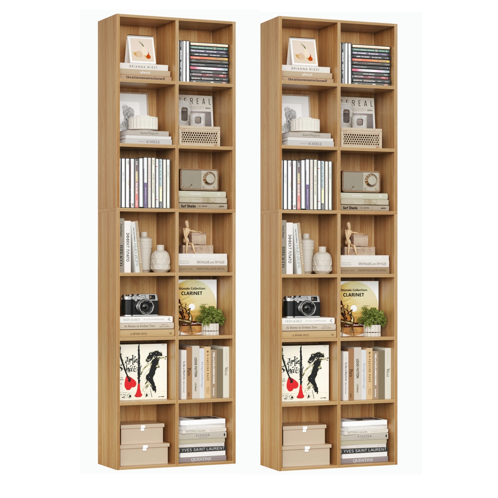 Hiphuta 2PCS Double 7-Tier Media Tower Rack, Tall Narrow Bookcase Display Bookshelf, Cube Bookcase for Living Room, CD DVD Slim Storage Cabinet with Adjustable Shelves, Natural