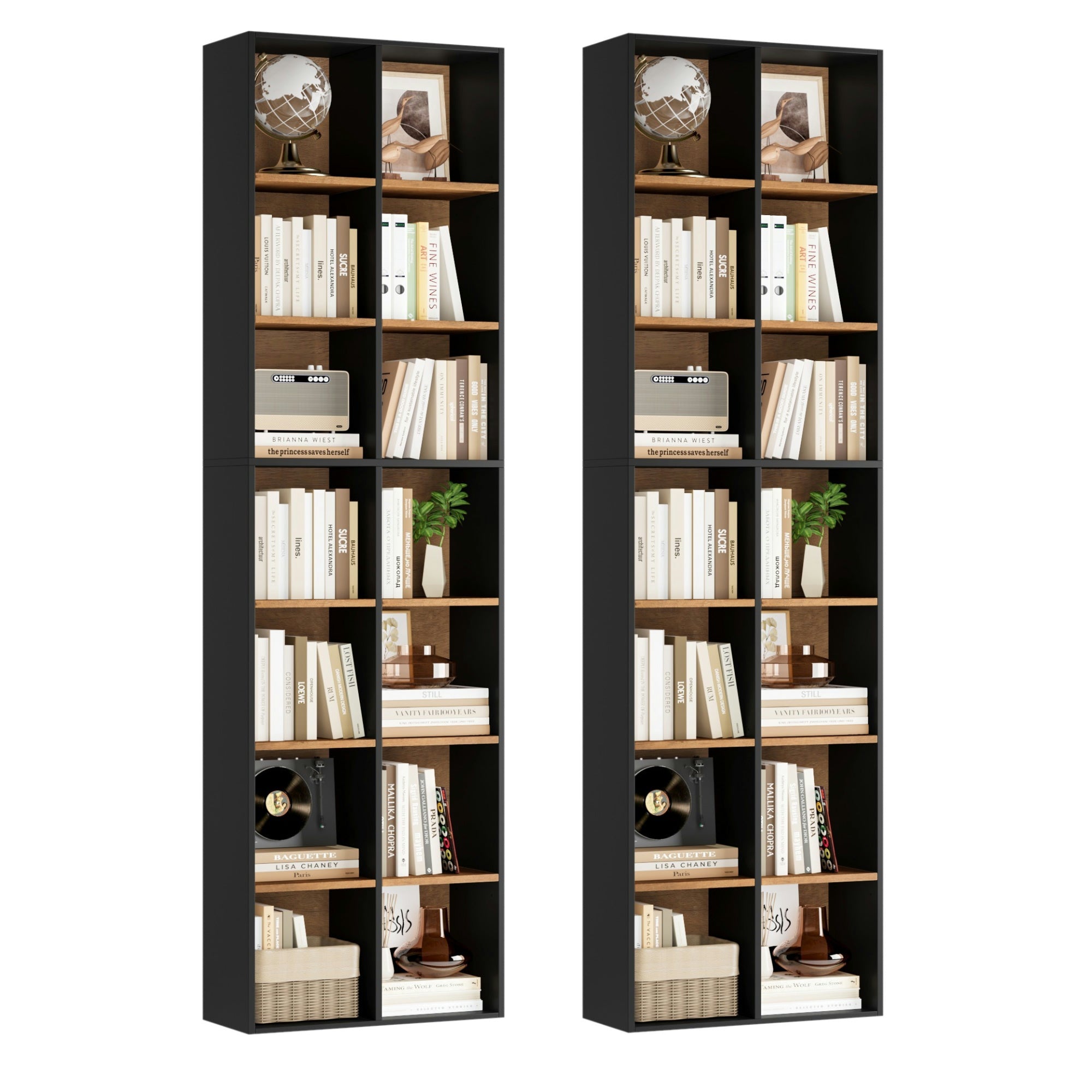 Hiphuta 2PCS Double 7-Tier Media Tower Rack, Tall Narrow Bookcase Display Bookshelf, Cube Bookcase for Living Room, CD DVD Slim Storage Cabinet with Adjustable Shelves, Black & Oak