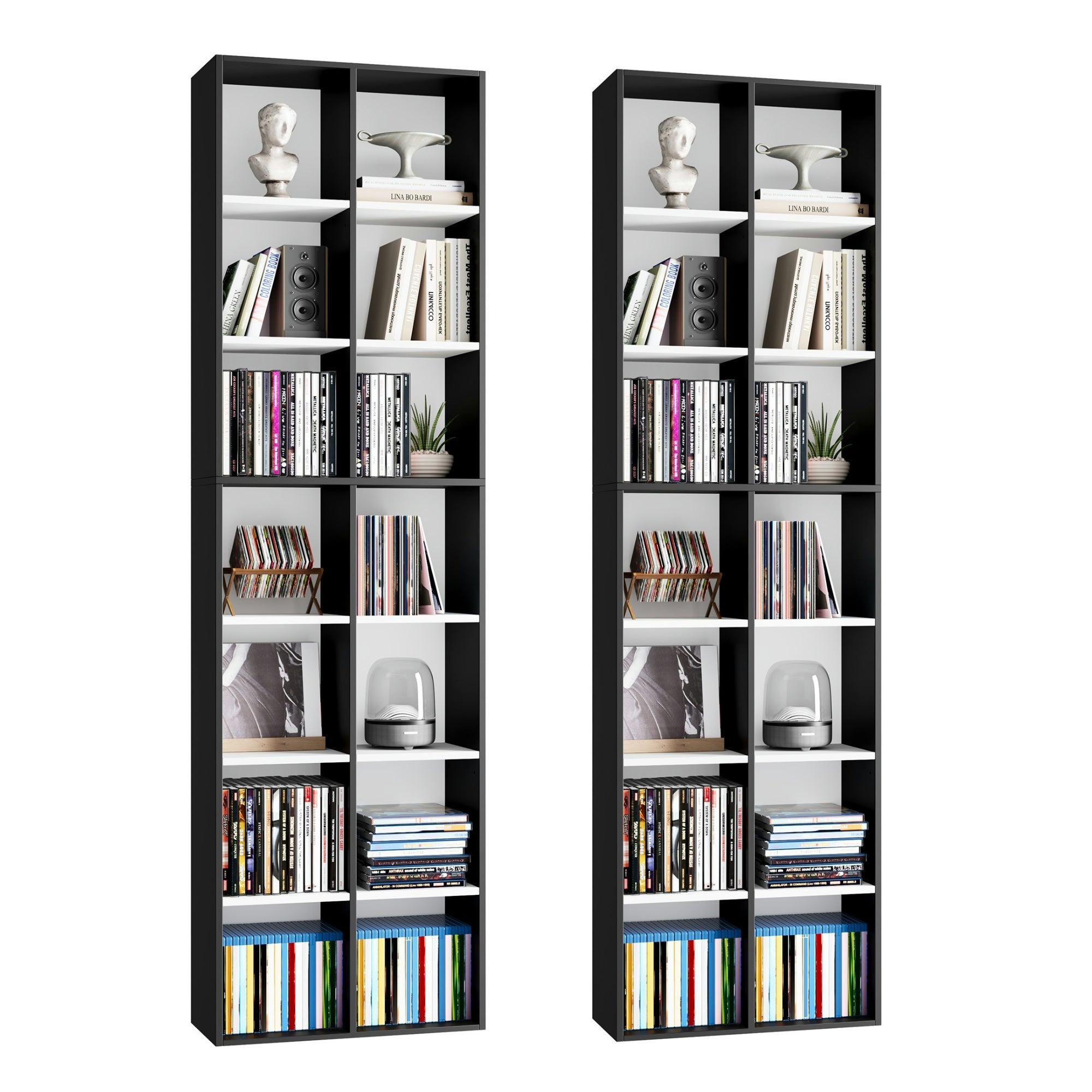 Hiphuta 2PCS Double 7-Tier Media Tower Rack, Tall Narrow Bookcase Display Bookshelf, Cube Bookcase for Living Room, CD DVD Slim Storage Cabinet with Adjustable Shelves, Black & White