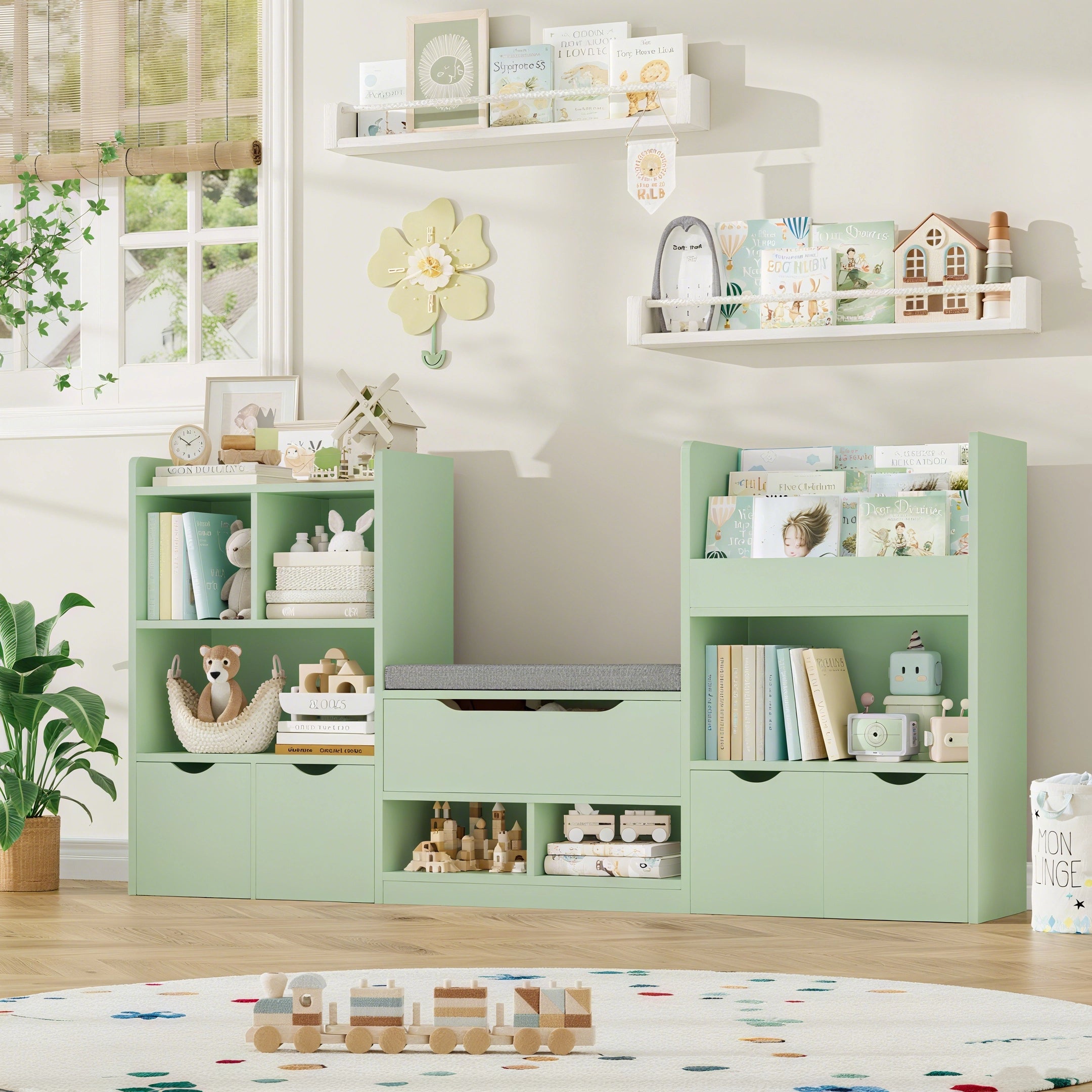 Hiphuta 72"Wide Kids Bookcase with Reading Nook and Under Bench Storage, Wooden Toy Storage Organizer & Book Rack for Kids Room, Green