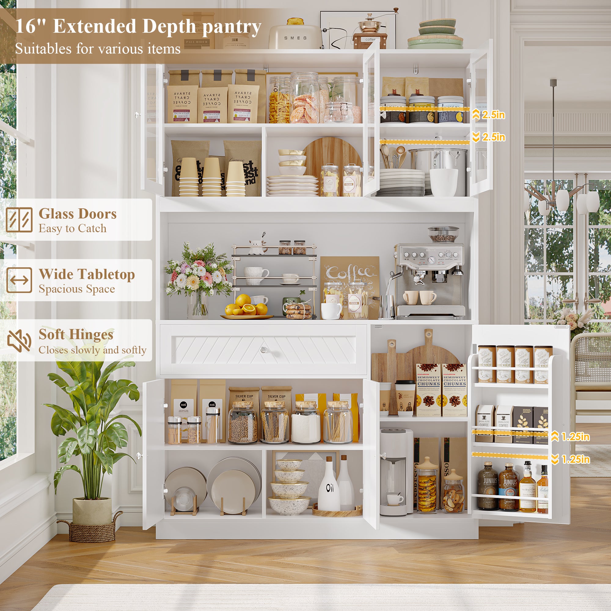 Hiphuta 72" Tall Modern Pantry Cabinet with Adjustable Shelves, Freestanding Kitchen Hutch Cabinet for Dining Room, White