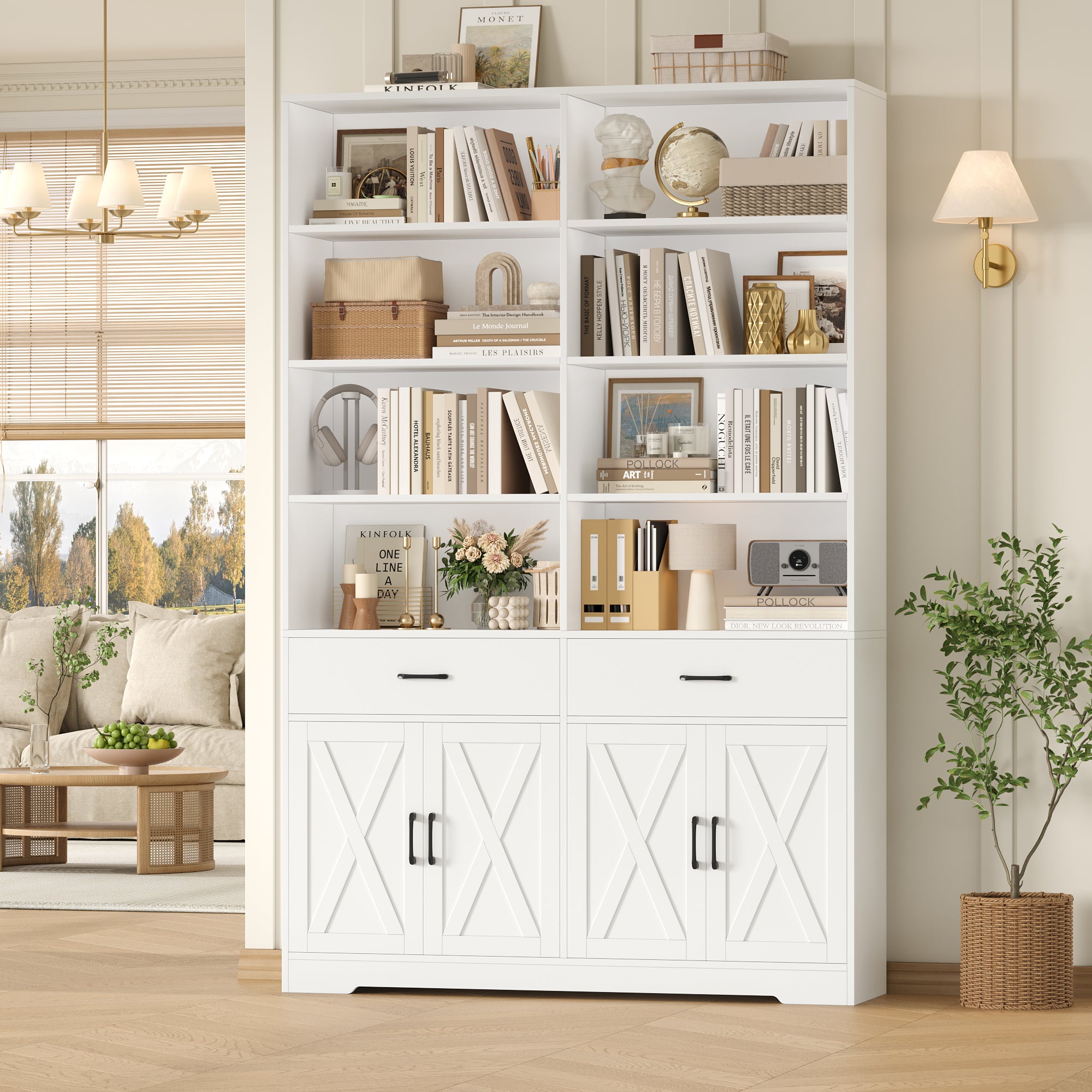 Hiphuta Bookcase with 3 Drawers, Large Farmhouse Bookshelf and Bookcase with Cabinet, White