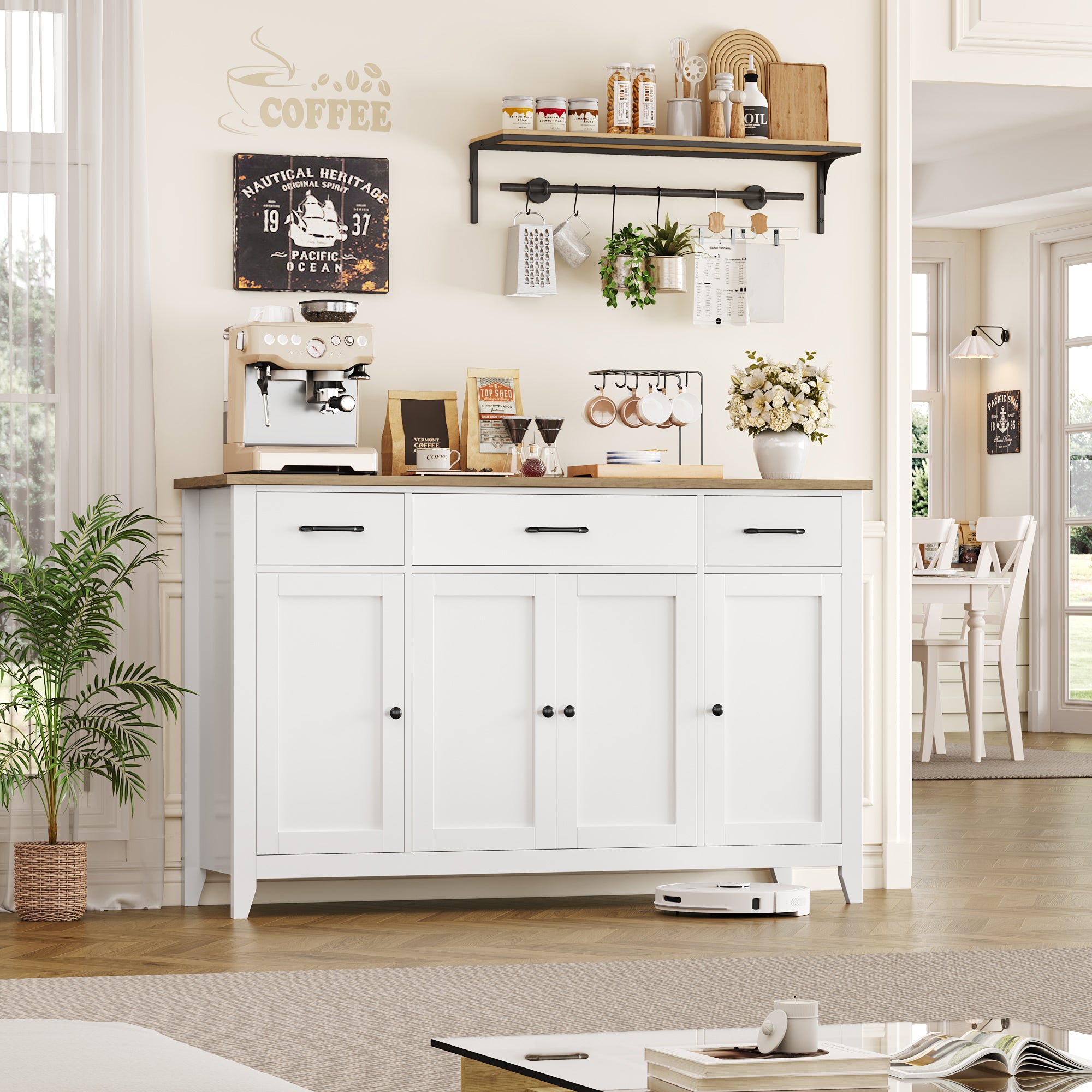 Hiphuta 55"Wide Buffet Cabinet with 2 Adjustable Shelves, Modern Farmhouse Coffee Bar with 3 Drawers and Sturdy Base for Living Room, White