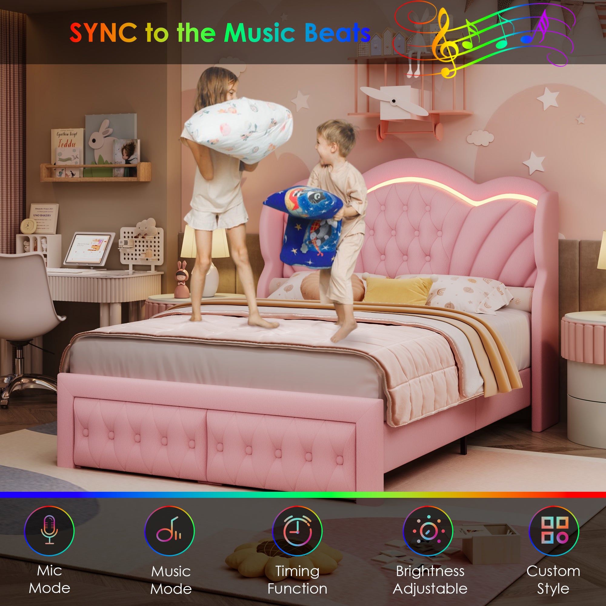 Hiphuta Full LED Bed with 2 Drawers, LED Lights Platform Bed Frame with Upholstered Button Tufted Headboard, No Box Spring Needed, Velvet Pink