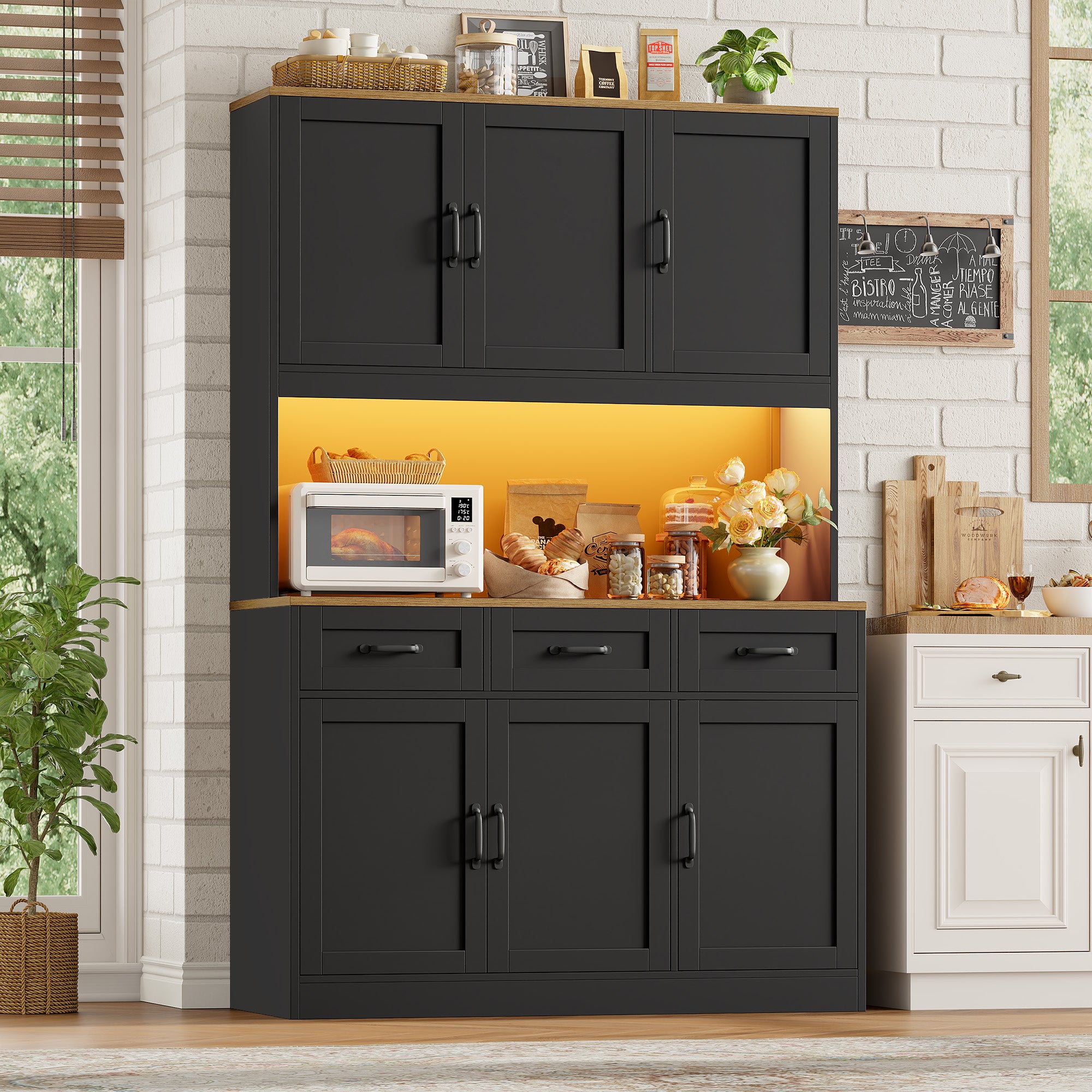 Hiphuta 72" Tall Kitchen Pantry Storgae Cabinet with RGB LED, Hutch Cabinet with Charging Station and Adjustable Shelves for Dining Room, Black & Oak