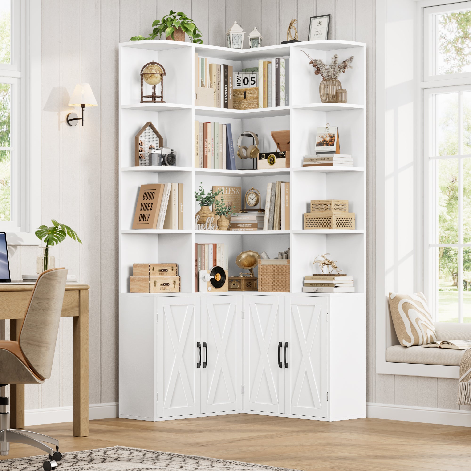 Hiphuta 74" Tall 6 Tier Corner Bookcase with 4 Doors, 31" Wide Farmhouse Large Corner Bookcase with Curved Edges, L Shaped Bookshelf for Office Living Room, White