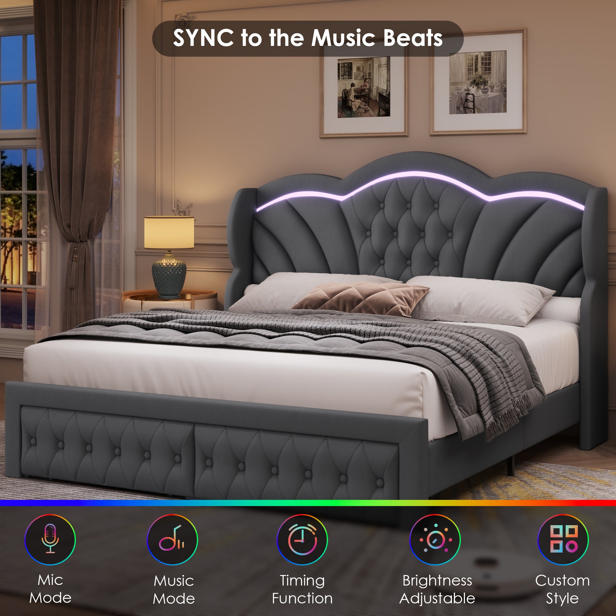 Hiphuta King LED Bed with 2 Drawers, LED Lights Platform Bed Frame with Upholstered Button Tufted Headboard, No Box Spring Needed, Velvet Gray