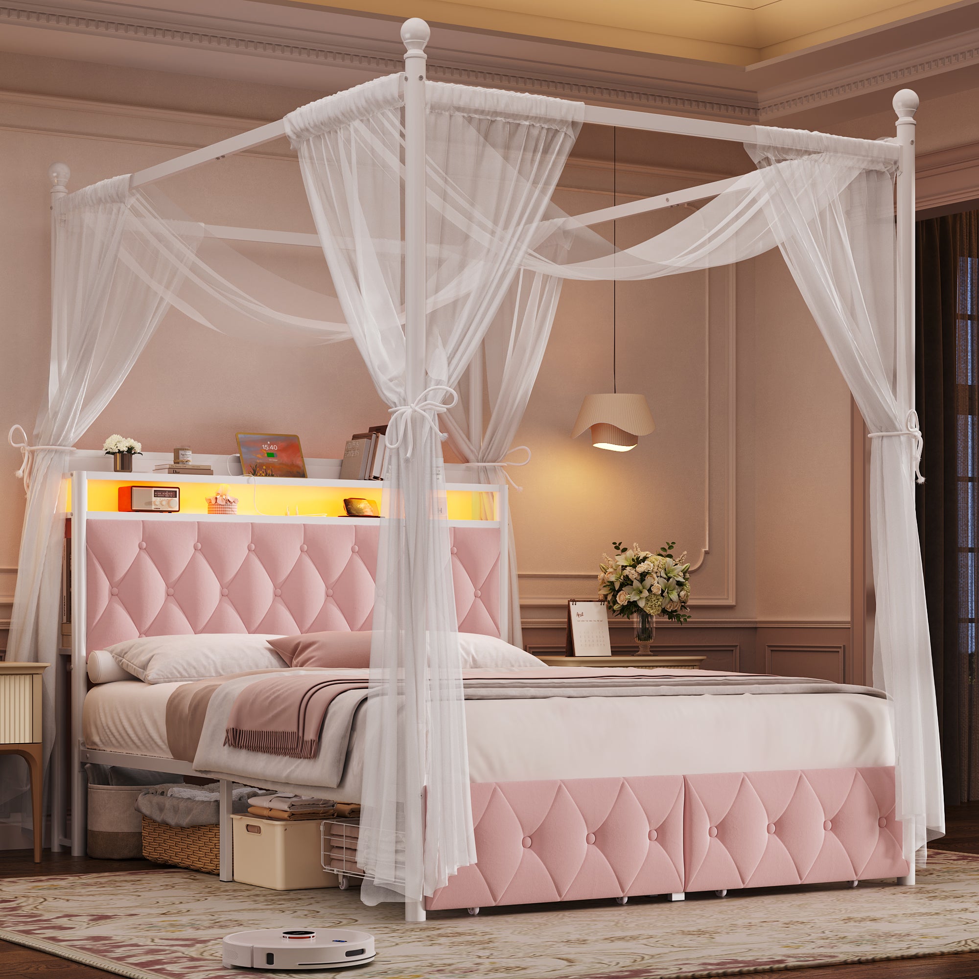 Hiphuta Full Size Upholstered Canopy Bed with Charging Station & Storage Drawer, Metal Platform Bed with Button Tufted Headboard, Full Bed for Kids, Curtain Not Included, Pink