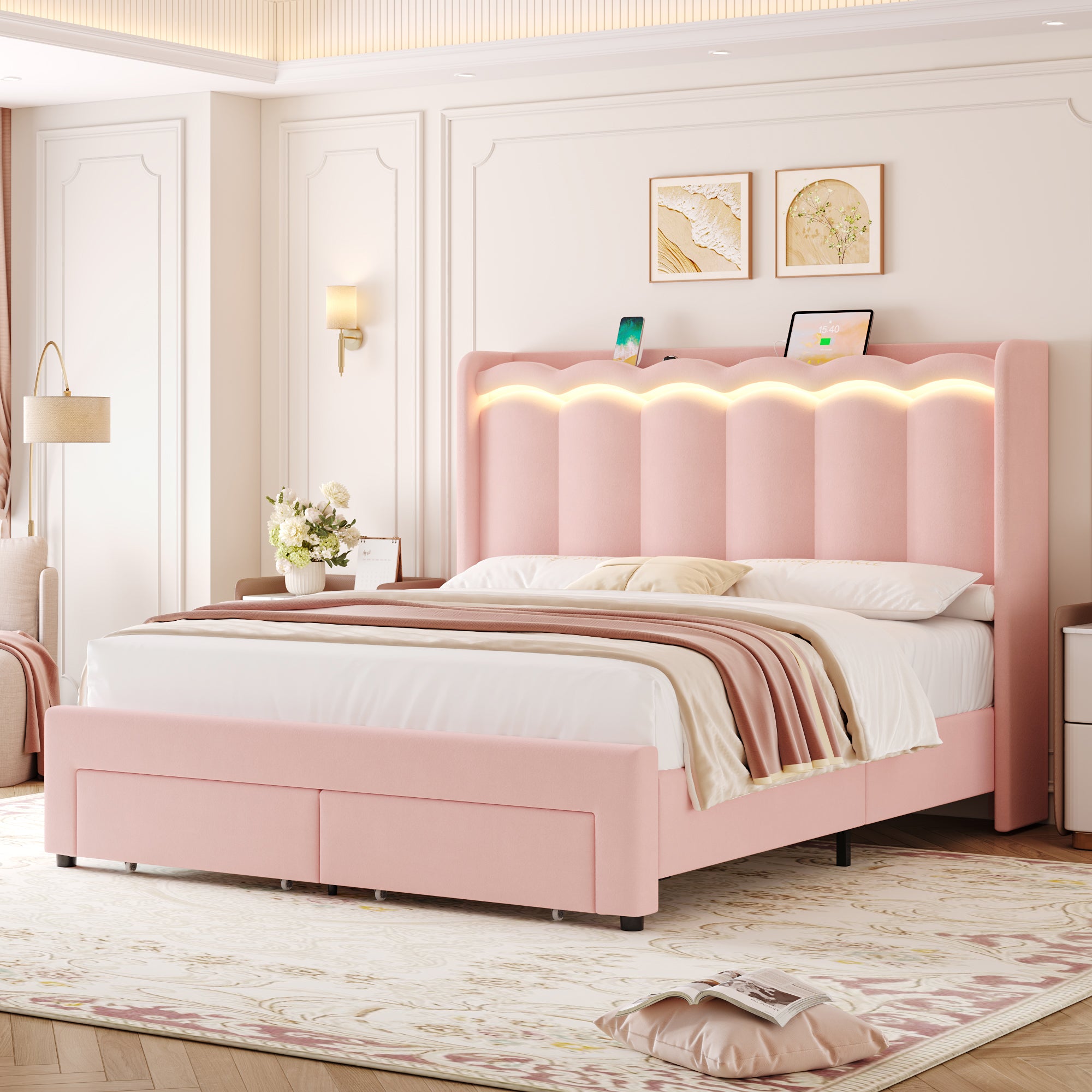 Hiphuta Queen Size Bed with Power Outlet & LED, Upholstered Velvet Beds with Drawer, Queen Beds with Headboard Storage, Pink