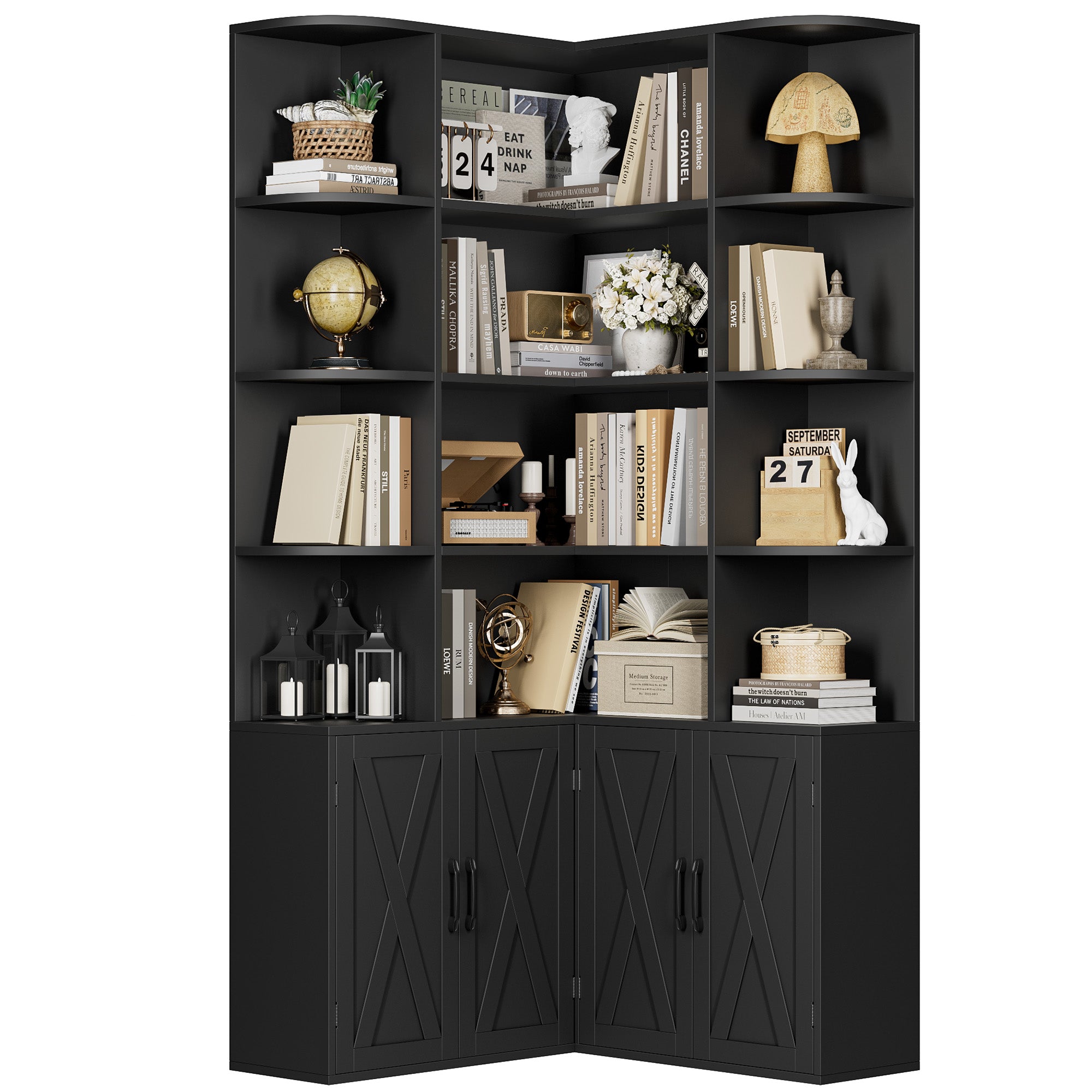 Hiphuta 6 Tier Corner Bookcase with 4 Doors, Farmhouse Large Corner Bookcase for Office Living Room, Black