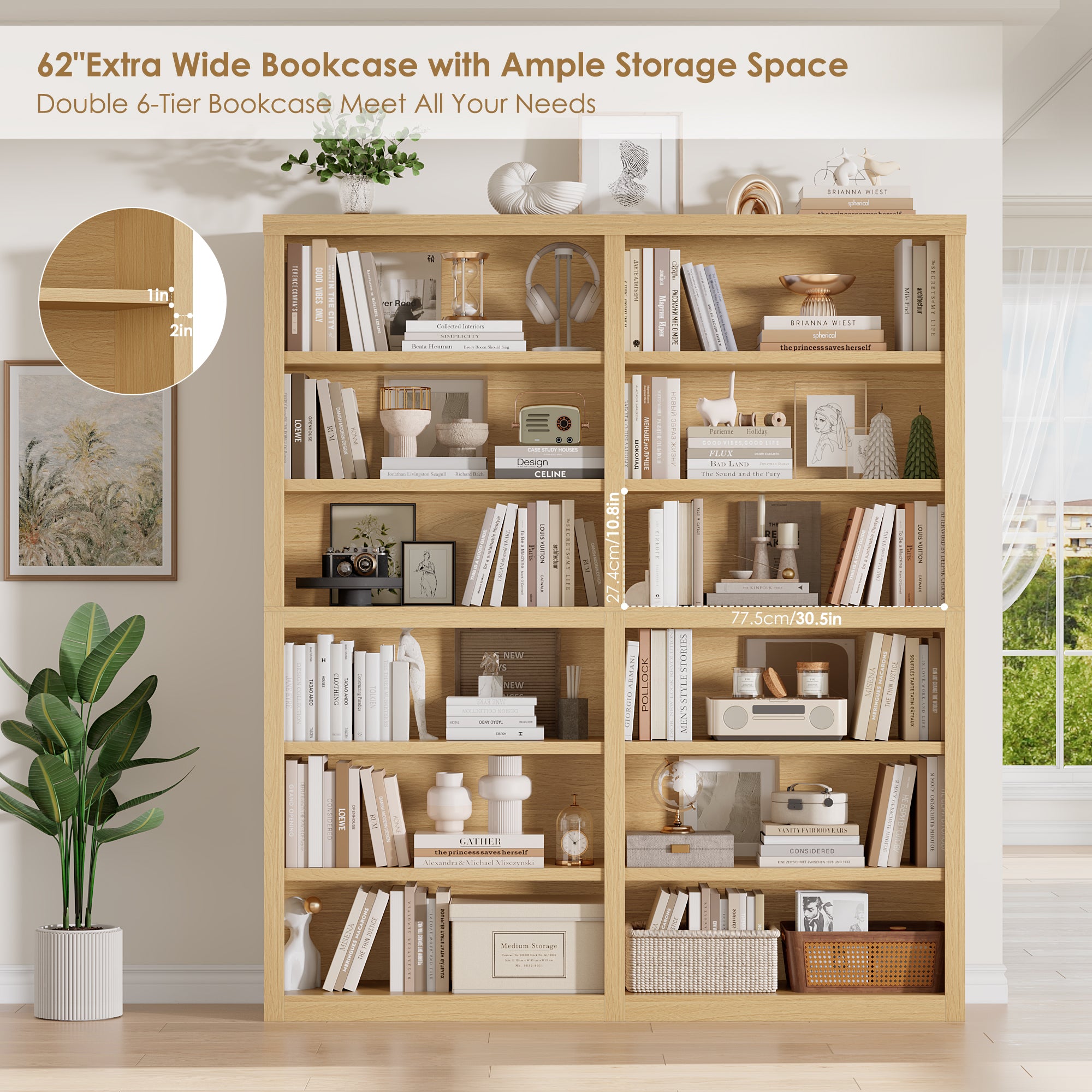 Hiphuta 63"W Extra Large and Sturdy Bookcase, Double Wide 6-Tier Bookshelf, Tall Bookcase for Home Office and Living Room, Wooden Freestanding Display Shelf, Natural