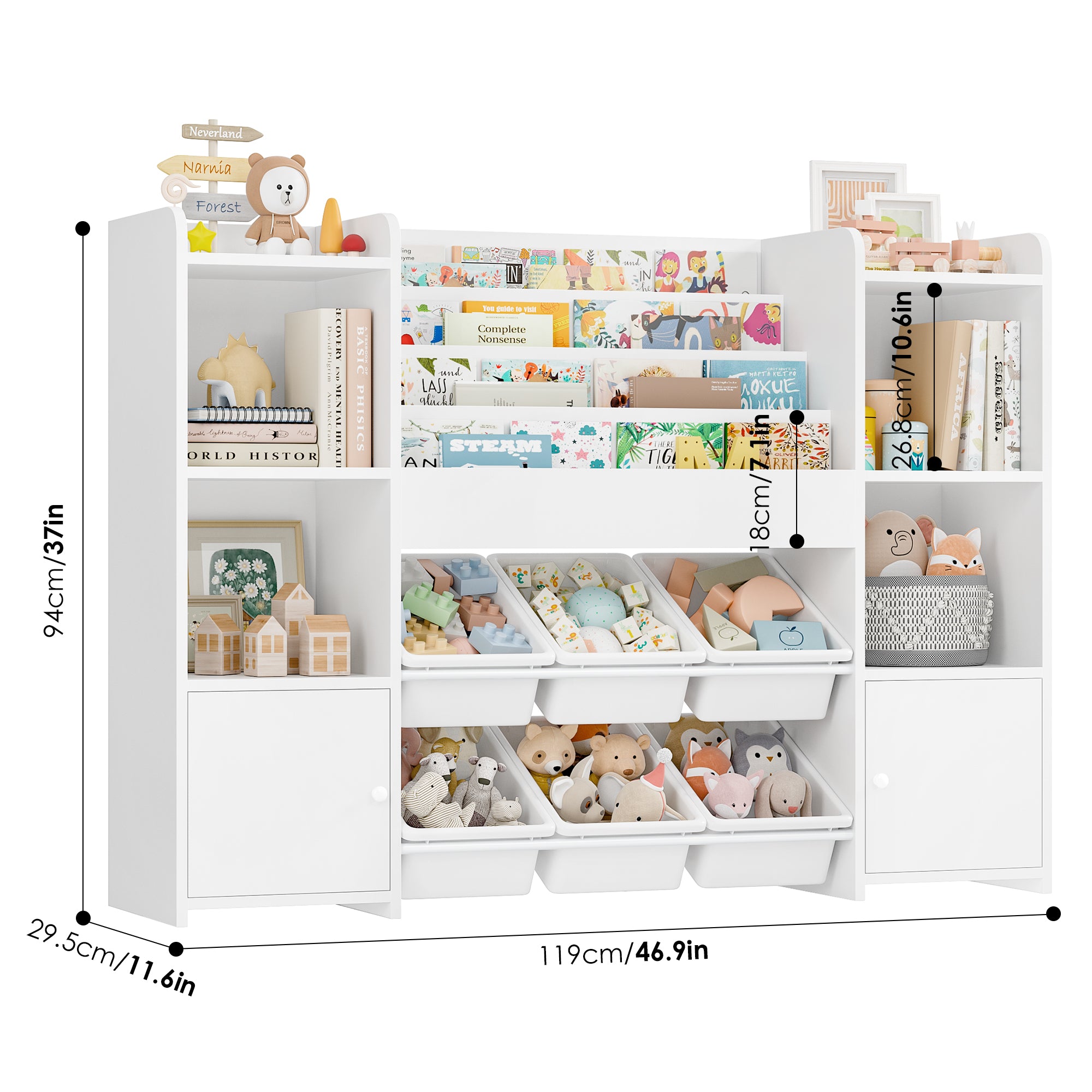 Hiphuta Kids Bookshelf with Toy Storage Organizer, Wood Bookcase Toy Organizer with 6 Removable Bins, Book Shelf for Kids Bedroom Playroom, White