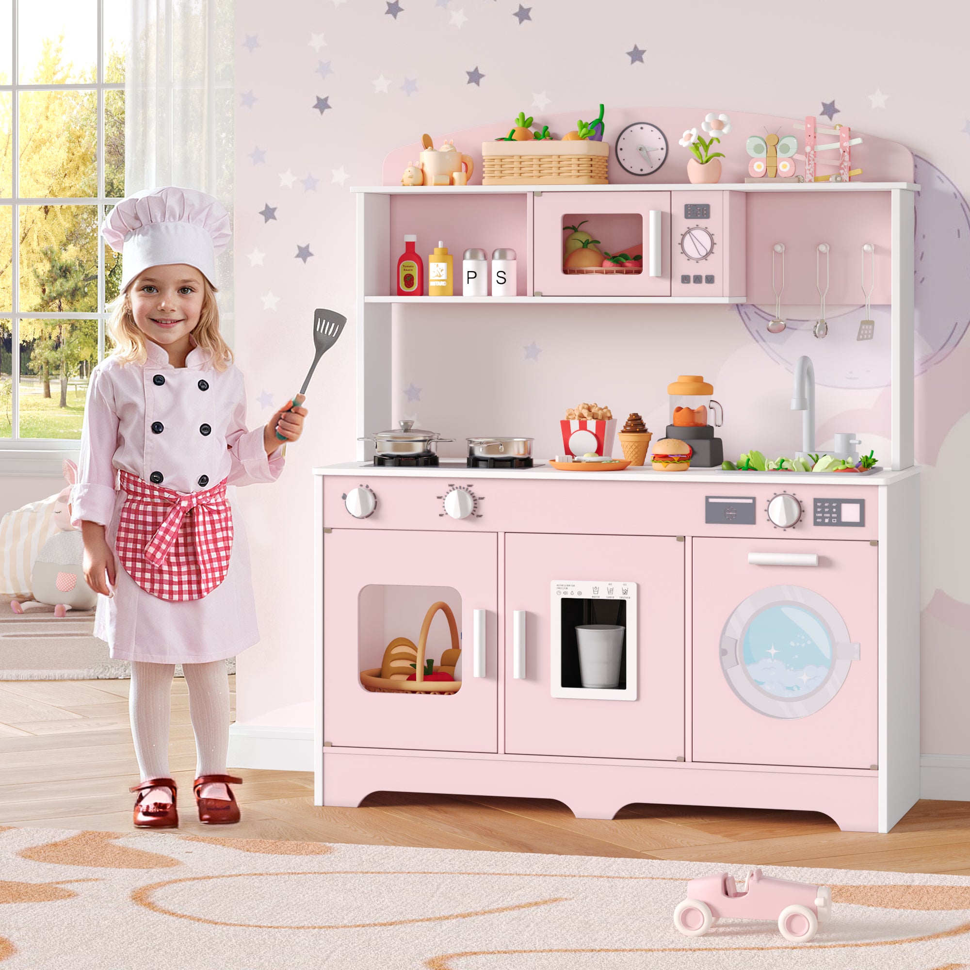 Hiphuta Play Kitchen for Kids, Wooden Kids Kitchen Playset with Plenty of Play Features, Chef Pretend Play Set for Boys and Girls Age Ages 3-10, Toys Kitchen with 11 Pcs Accessories, Pink