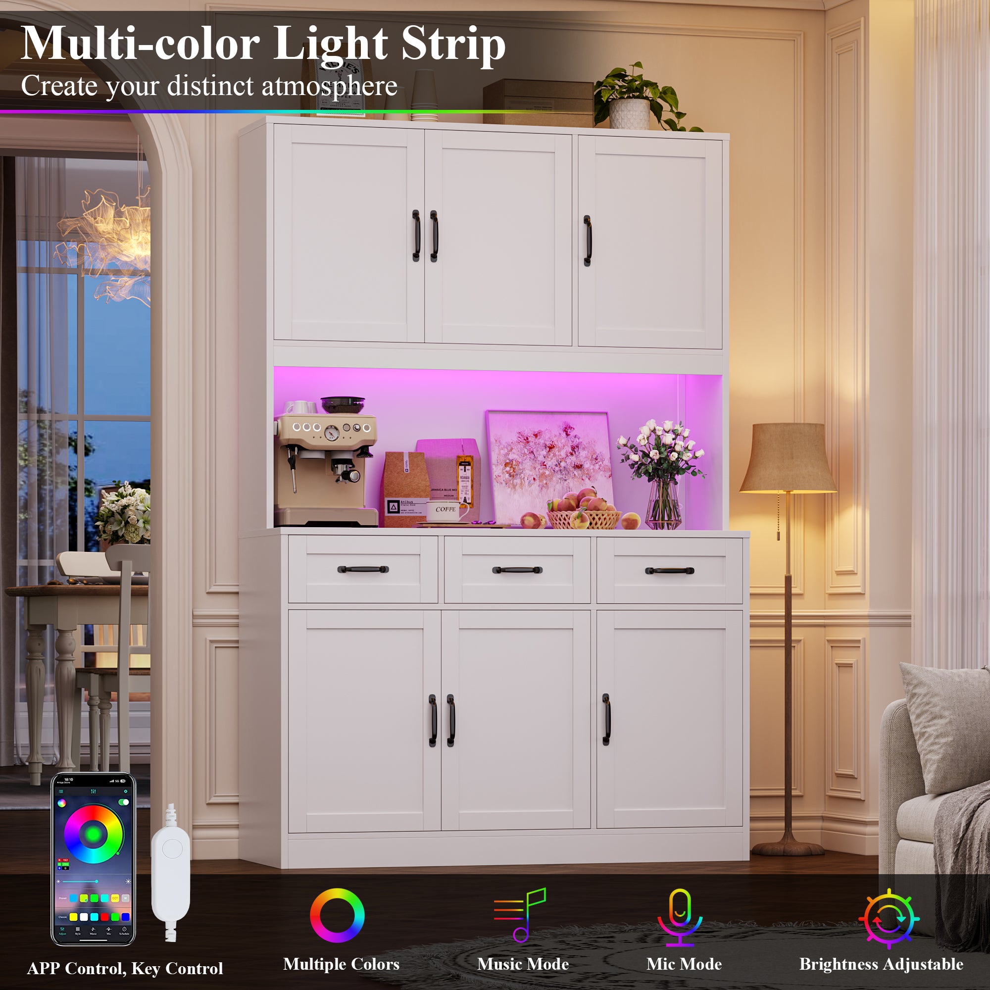 Hiphuta 72" Tall Kitchen Pantry Storgae Cabinet with RGB LED, Hutch Cabinet with Charging Station and Adjustable Shelves for Dining Room, White