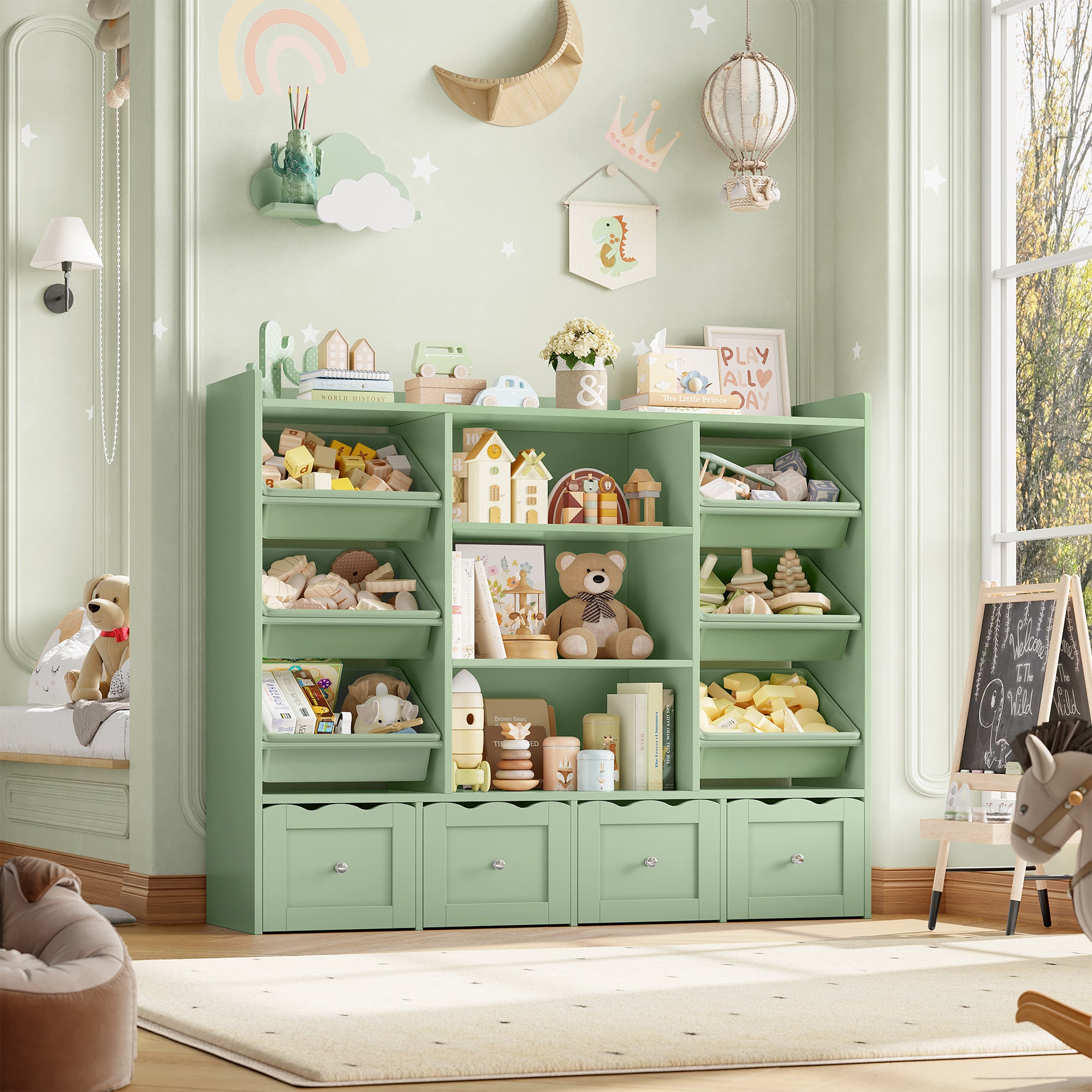 Hiphuta 55" Wide Toy Storage Organizer with 4 Removable Drawers, 4-Tier Kid Bookcase with 6 Bins, Toy Organizer with Bookcase for Kid Bedroom Playroom, Green