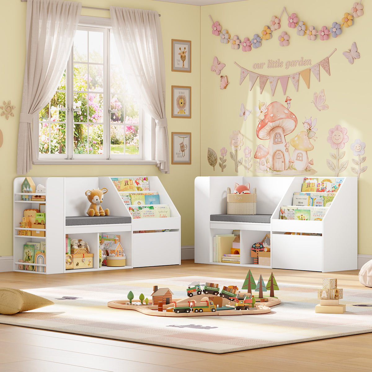 Hiphuta 49"W Kids Bookcase with Reading Nook & Side Storage, Toy Storage Organizer with Book Rack & Drawer for Kids Room