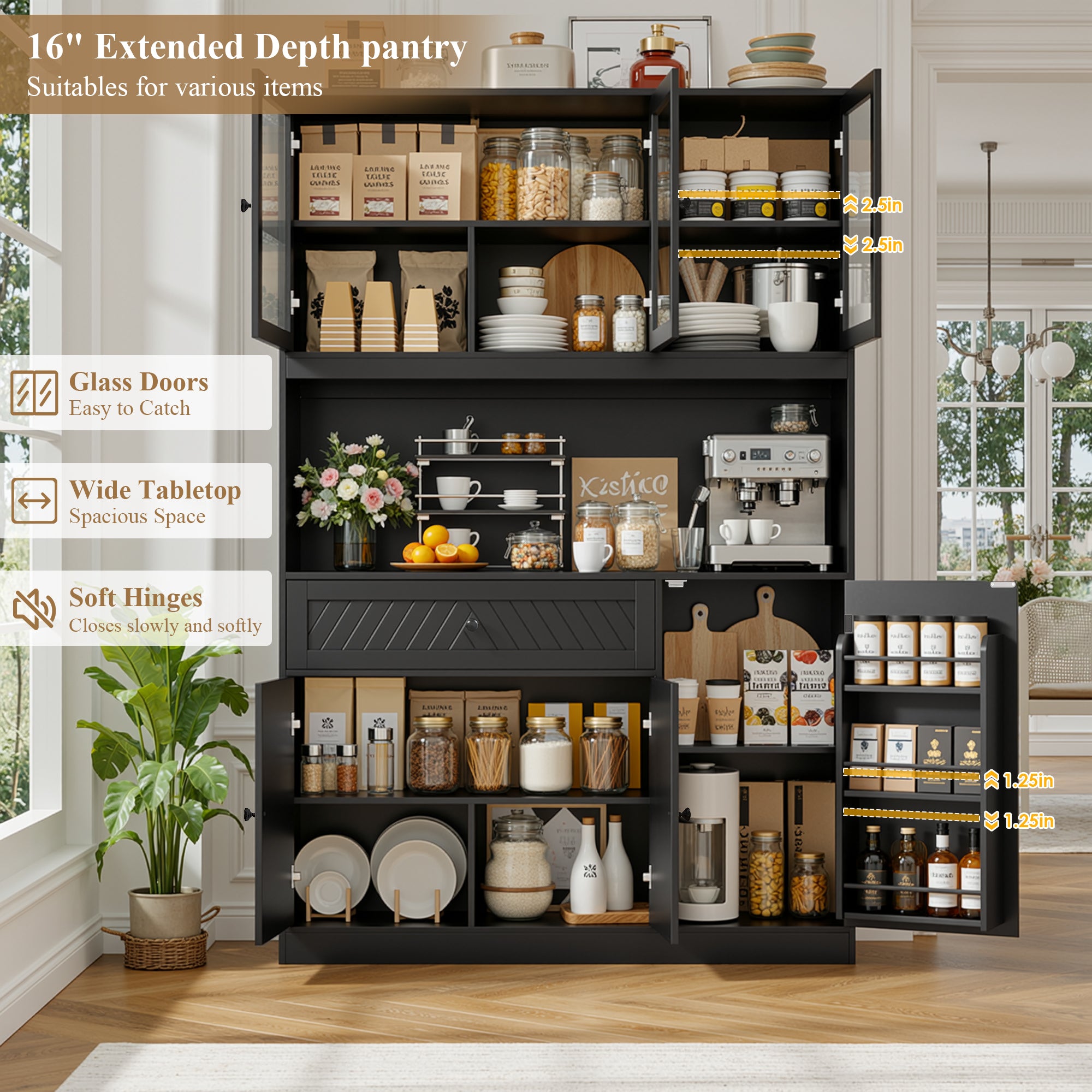 Hiphuta 72" Tall Modern Pantry Cabinet with Adjustable Shelves, Freestanding Kitchen Hutch Cabinet for Dining Room, Black