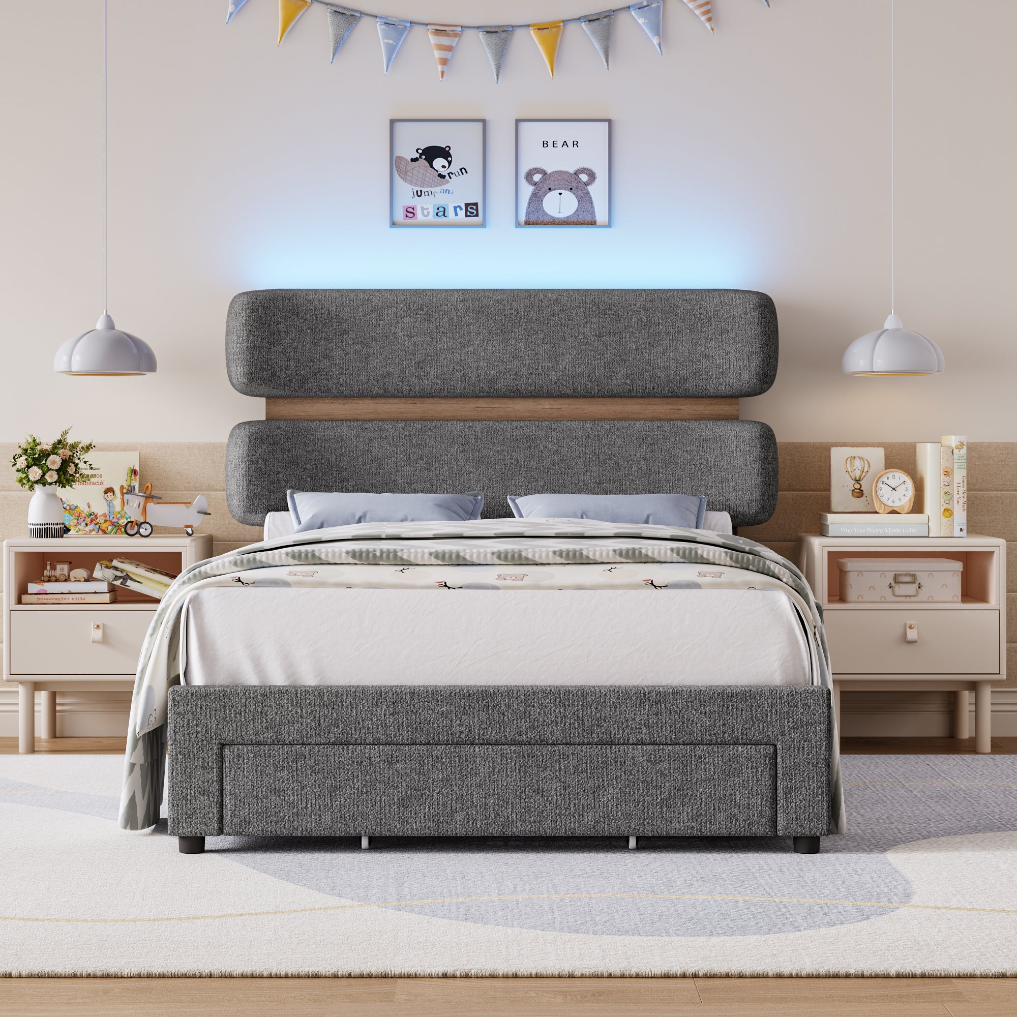 Hiphuta Chenille Twin Bed Frame, Twin Size Upholstered Beds with Storage Drawer and LED, Gray