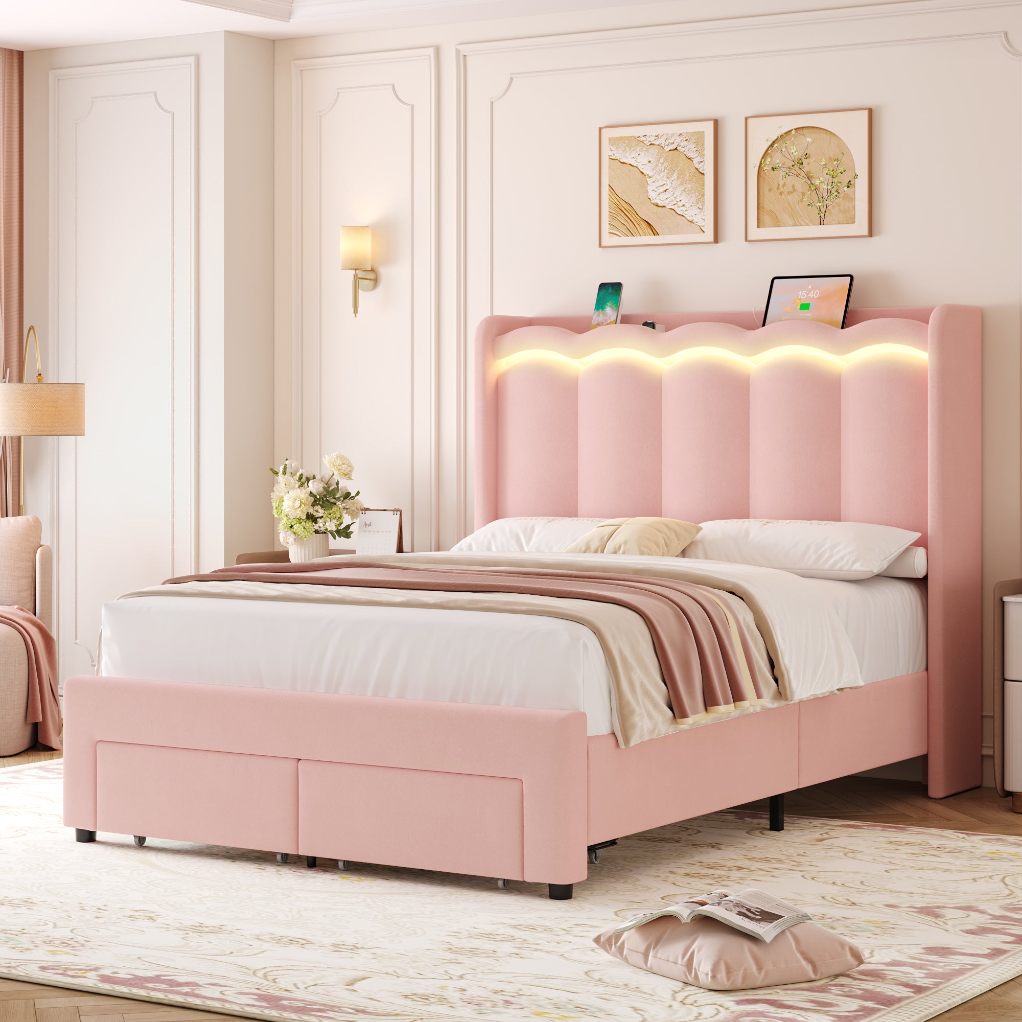 Hiphuta Full Size Bed with Power Outlet & LED, Upholstered Princess Beds with Drawer, Full Beds with Headboard Storage, Pink