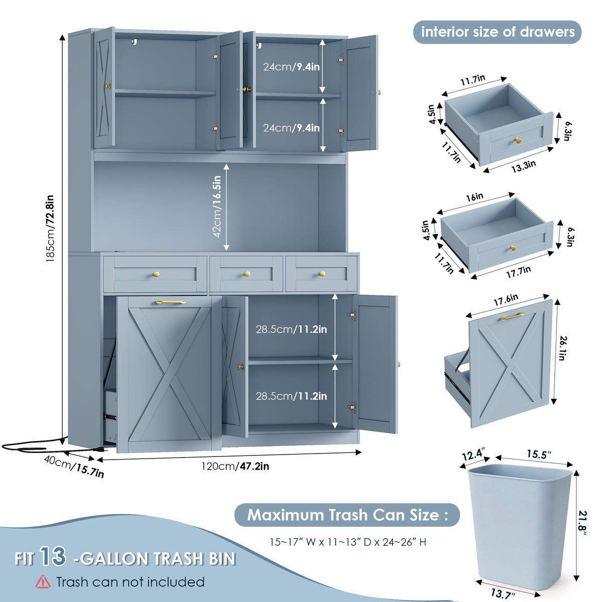 Hiphuta 73” Tall Kitchen Pantry Cabinet Fits 13 Gallon Trash Can Cabinet, Farmhouse Kitchen Storage Hutch with Pull Out Trash Can Storage for Dining Room Living Room, Light Blue