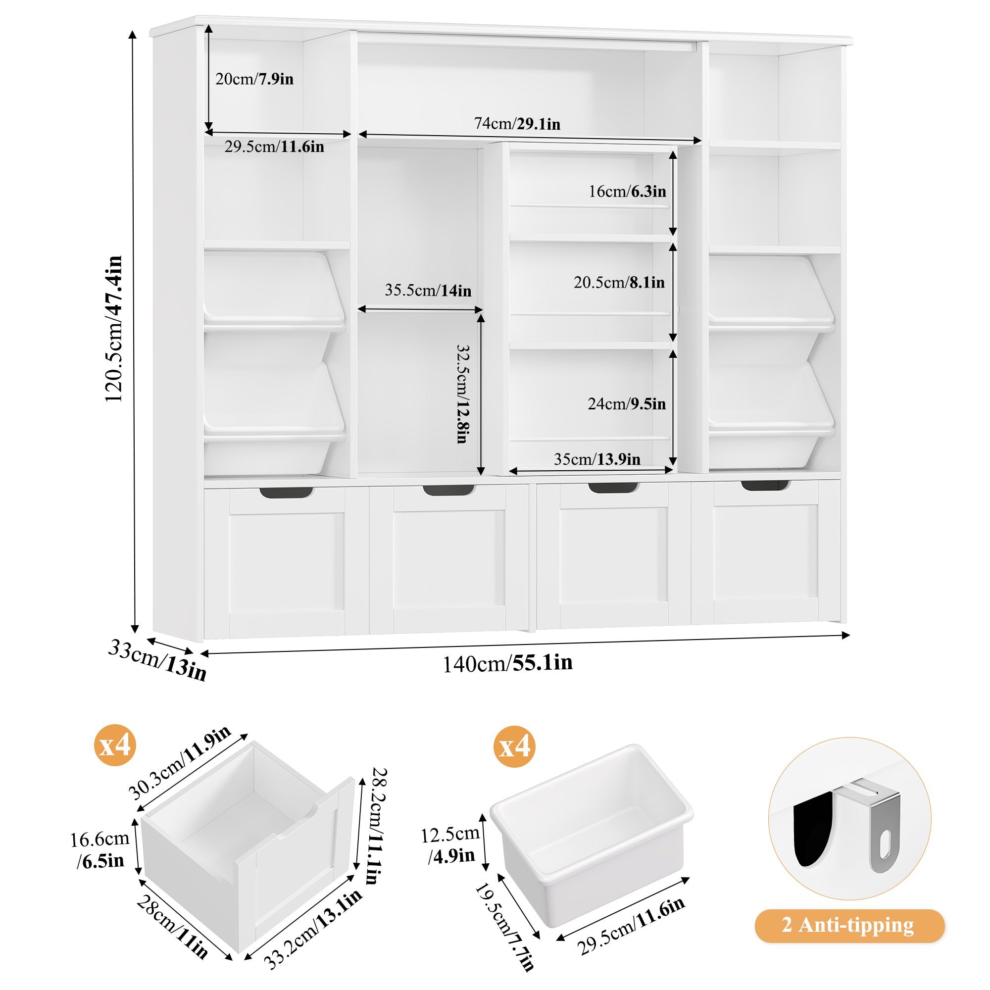 Hiphuta Kid Toy Storage with Bookshelf, Kid Toy Organizer with 4 Removable Drawers, Kid Bookcases with Toy Box for Kid Bedroom Playroom, White