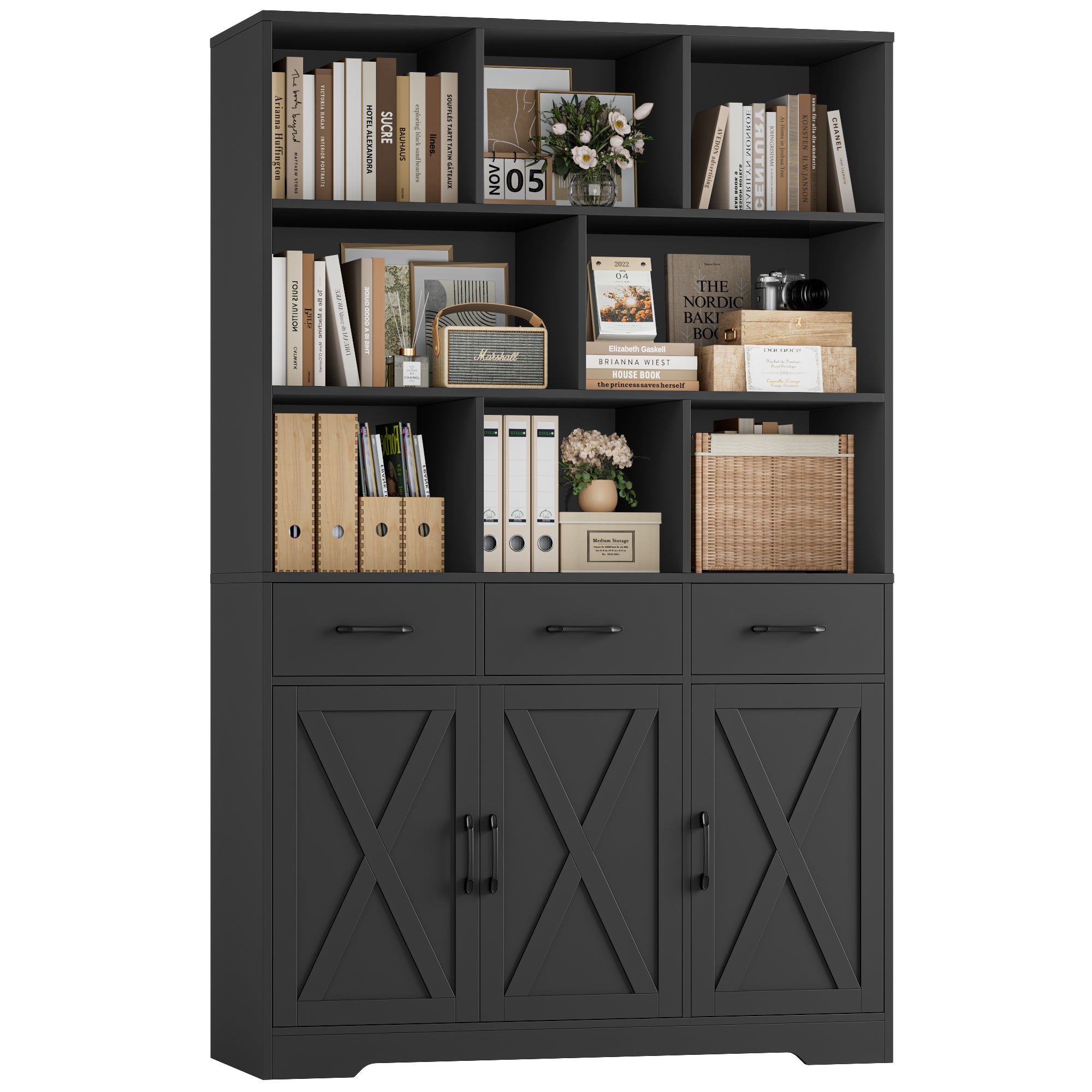 Hiphuta 71" Tall Bookcase with 3 Drawers and Doors, 43" Wide Farmhouse Bookcase with 8 Open Compartments for Office Living Room, Black
