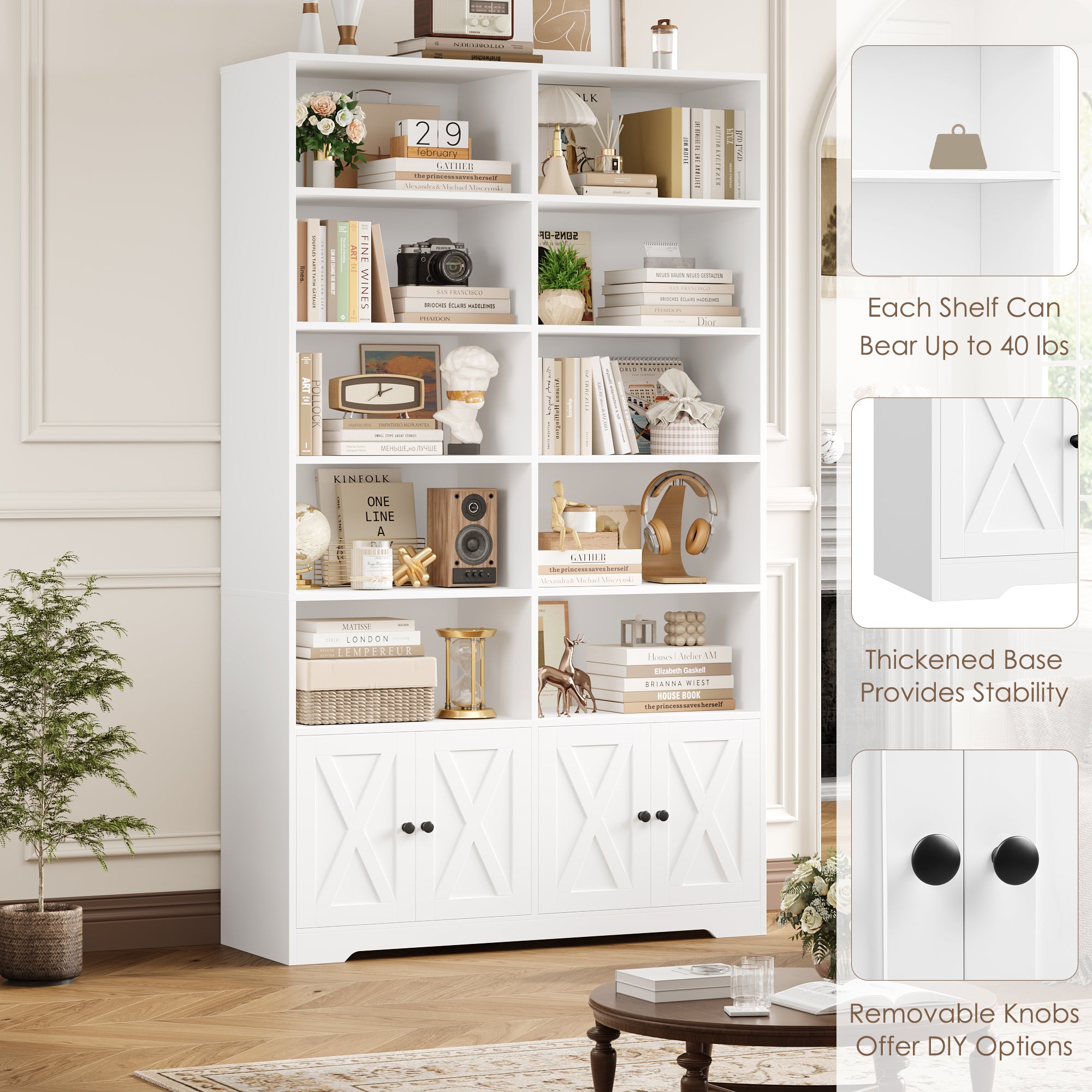 Hiphuta 78"H x 47"W Bookcase with Doors, Tall Bookshelves with Storage, 5-Tier Shelves Freestanding Display Bookcase for Home Office and Living Room, White