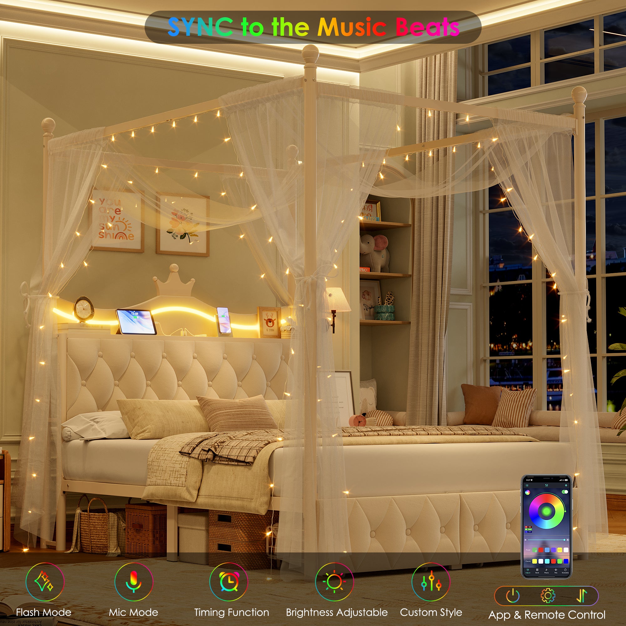 Hiphuta Queen Size Crown Canopy Bed with Power Outlet & LED, Upholstered Princess Beds with 4 Removable Posts, Queen Velvet Bed for Adults, Curtain Not Included, White