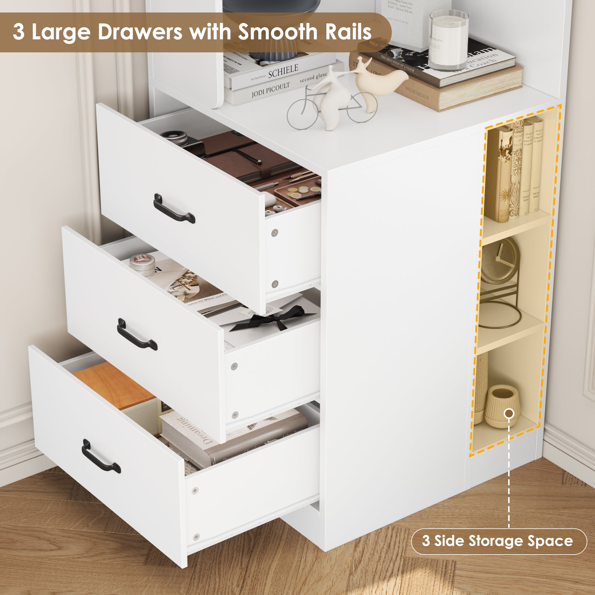 Hiphuta 77"Tall L-Shaped Corner Bookshelf with Drawers and Side Storage, Modern Wood Bookcase with 4-Tier Display Shelves Storage Cabinet for Living Room Home Office , White