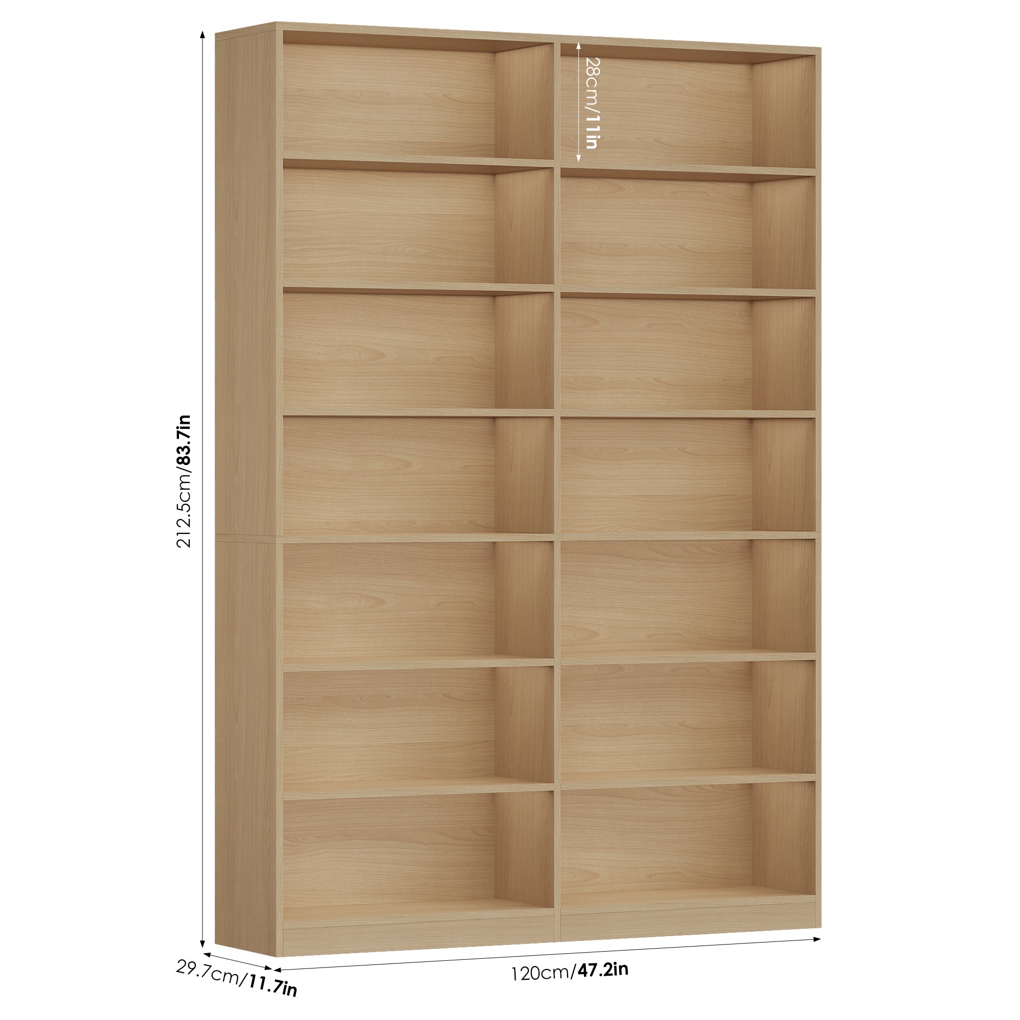 Hiphuta 83.6"H x 47.2"W Wood Double 7-Tier Standard Bookcase, Tall Bookcase for Bedroom, Living Room and Office, Freestanding Display Storage Shelves, Natural