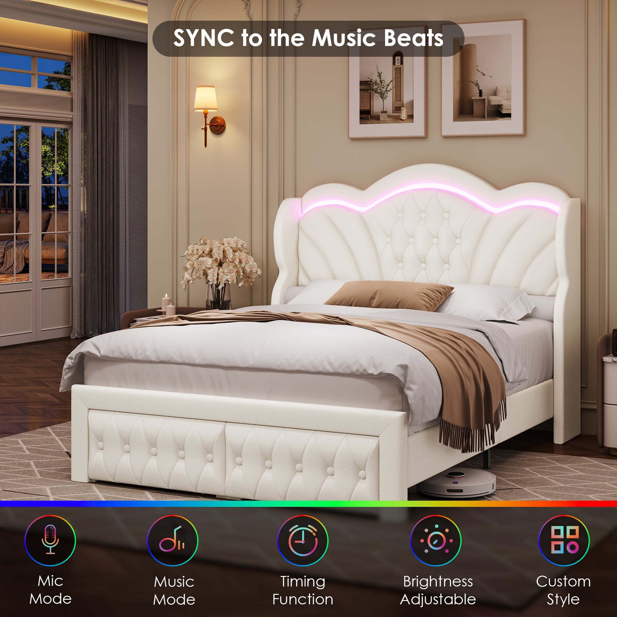 Hiphuta King LED Bed with 2 Drawers, LED Lights Platform Bed Frame with Upholstered Button Tufted Headboard, No Box Spring Needed, Velvet White