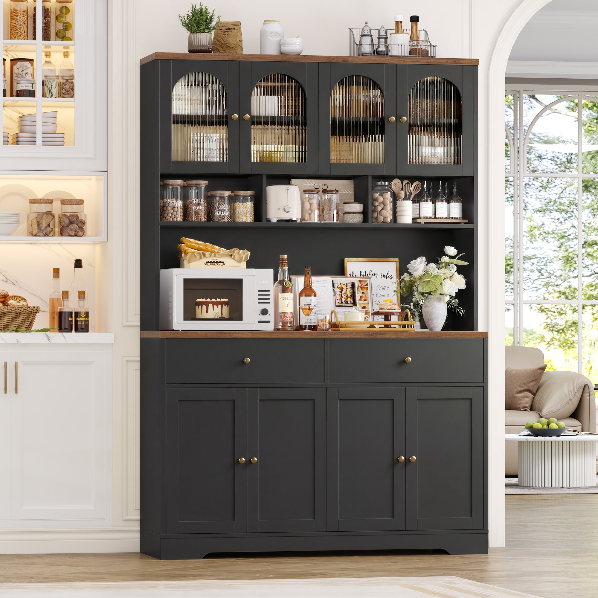 Hiphuta 71" Tall Pantry Cabinet with Arched Glass Doors, 47" Wide Kitchen Storage Cabinet with Microwave Stand & Charging Station, Hutch Cupboard for Kitchen Dining Room, Black