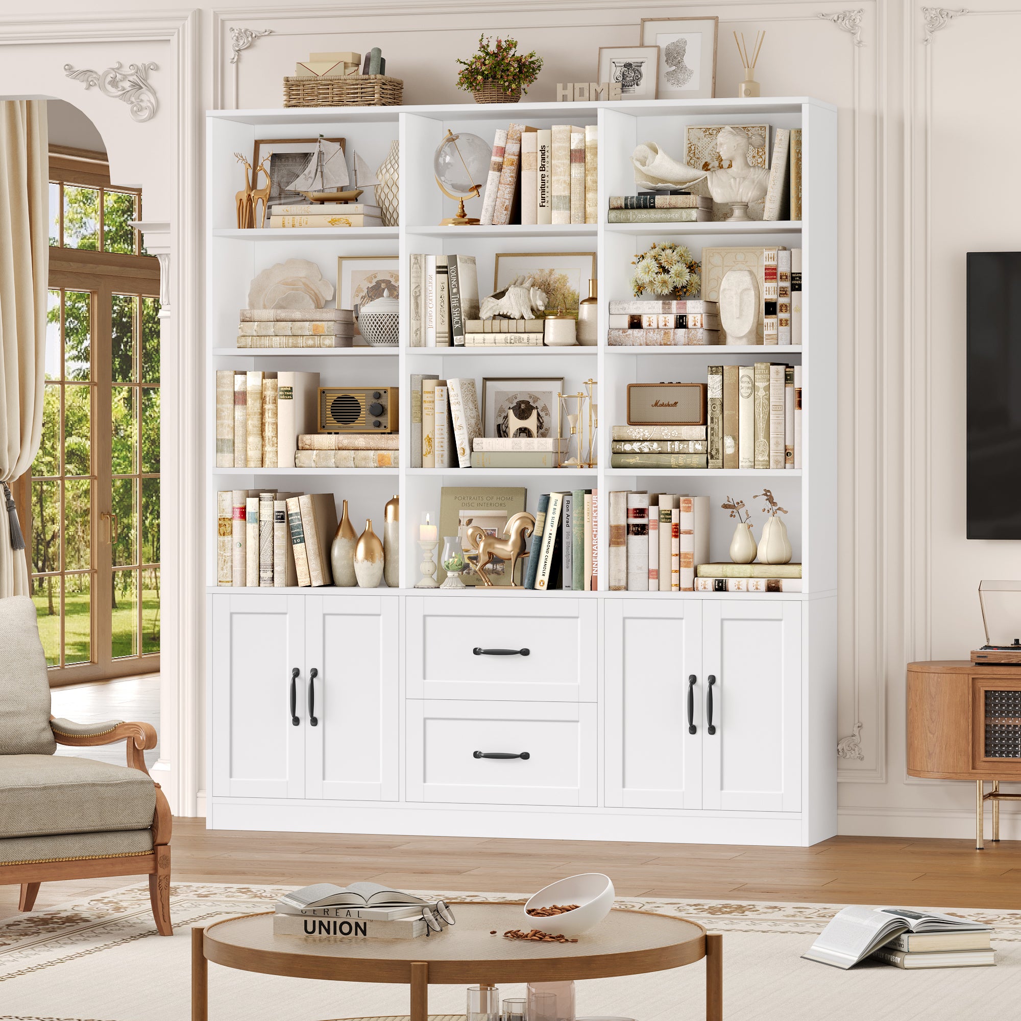 Hiphuta Triple Row 4-tier Bookcase, Large Bookcase with 4 Doors and 2 Drawers, Modern Minimalist Bookcase for Office Living Room, White