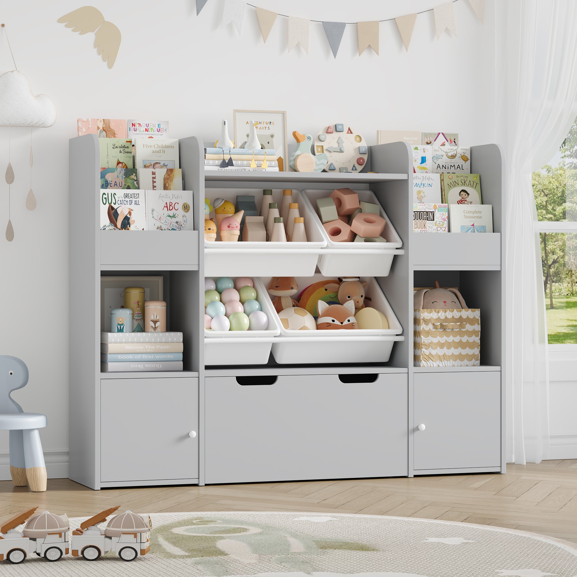 Hiphuta Kid Storage Toy Organizer, Wood Toy Storage Organizer with 4 Toy Boxes, Kids Bookcase with Book Rack, Gray