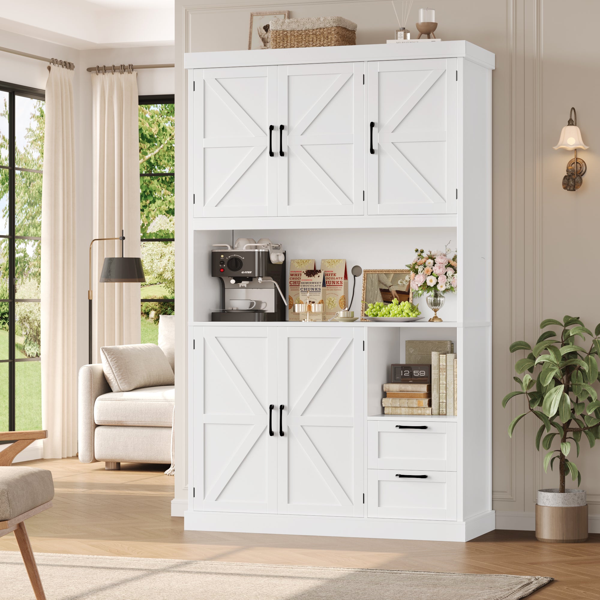 Hiphuta 76" Farmhouse Kitchen Pantry Storage Cabinet, Freestanding Hutch with 5 Doors, 2 Drawers & Microwave Stand, Cupboard for Kitchen, White