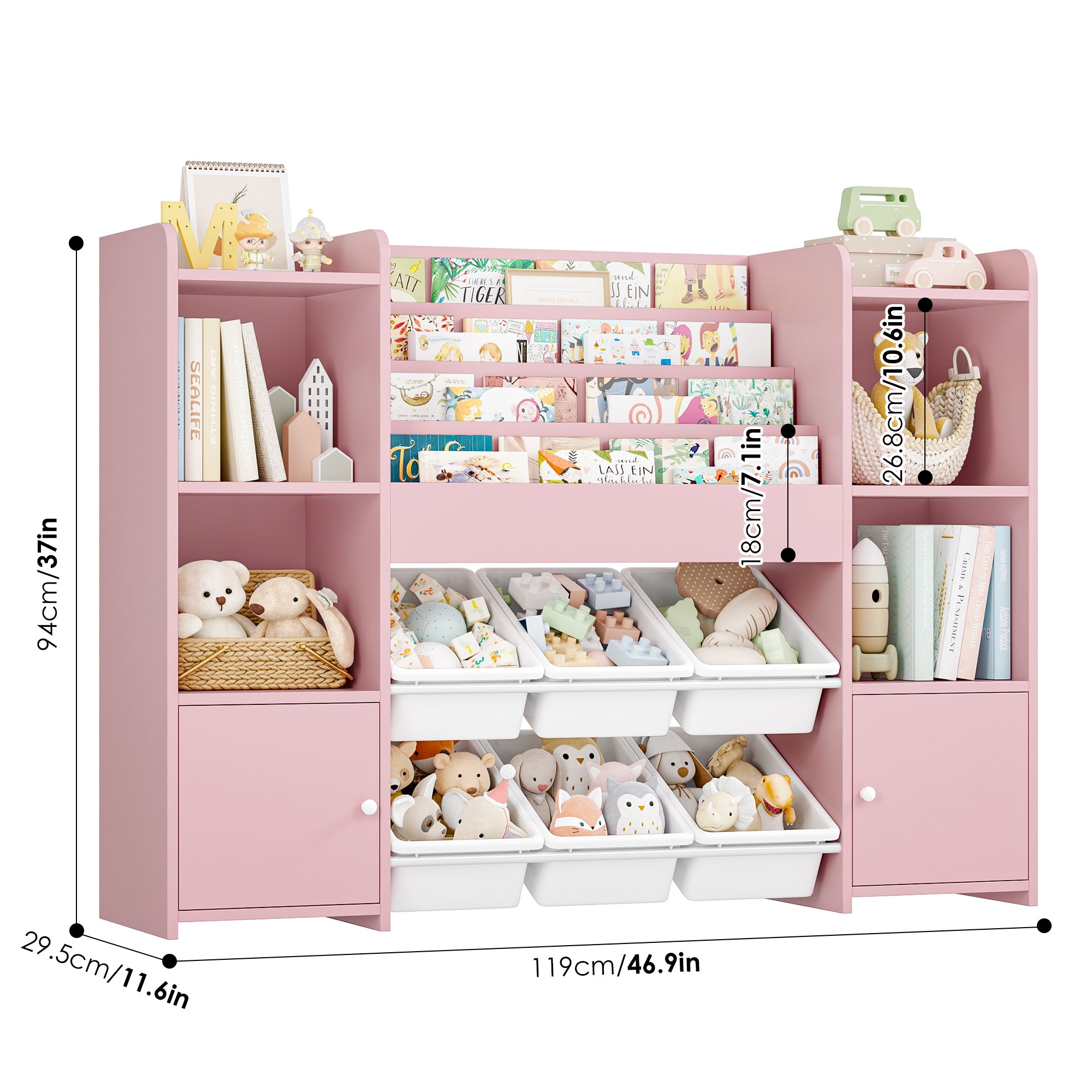 Hiphuta Kids Bookshelf with Toy Storage Organizer, Wood Bookcase Toy Organizer with 6 Removable Bins, Book Shelf for Kids Bedroom Playroom, Pink