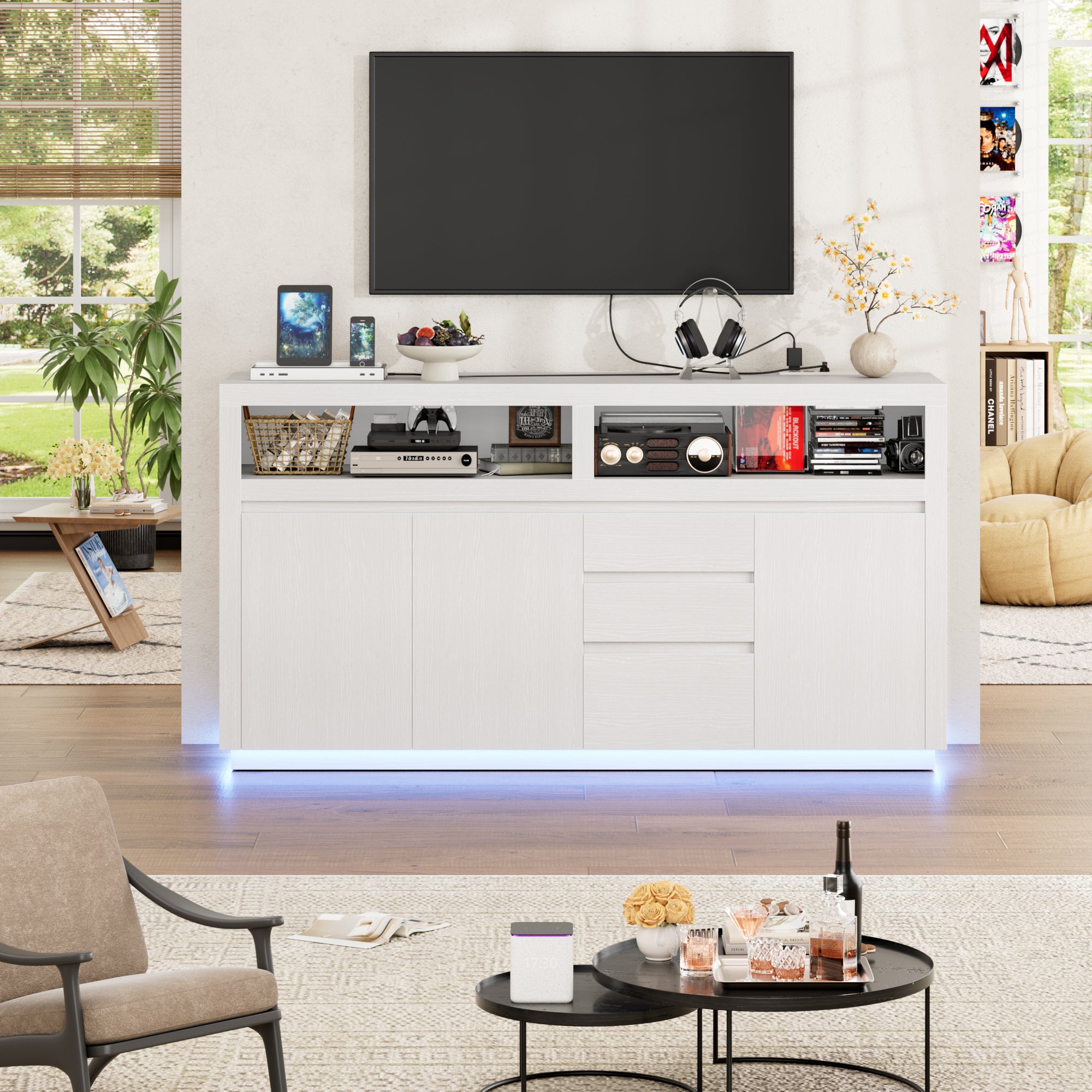 Hiphuta 63" Wide Farmhouse TV Stand Fits Up to 70 Inch TVs, Entertainment Center with RGB LED Lights, Wood Grain Media Console with Charging Station, White