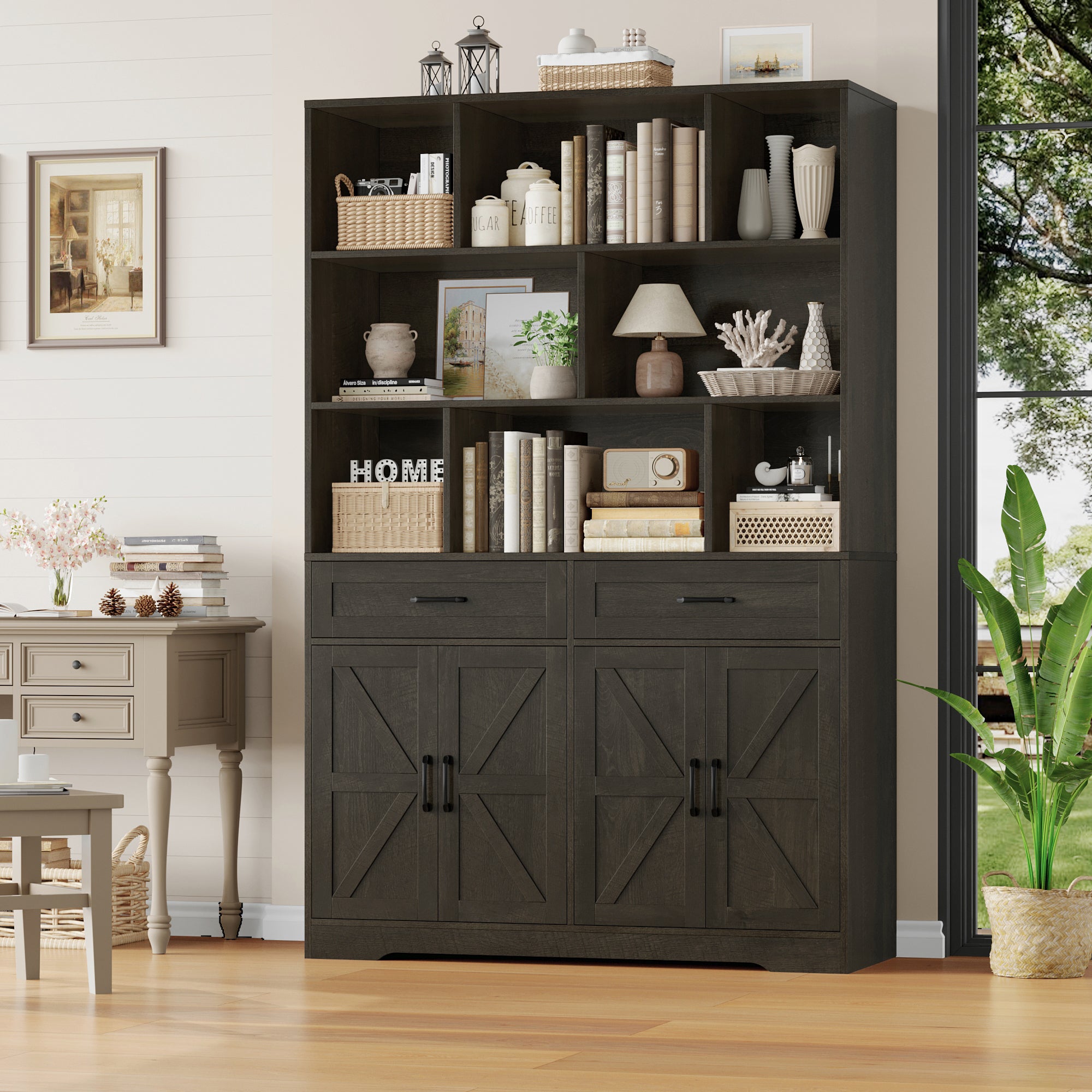 Hiphuta 6-tier Bookcase with Drawers & Doors, 71" Tall Bookcases, Wooden Storage Bookshelf for Living Room Home Office, Dark Brown