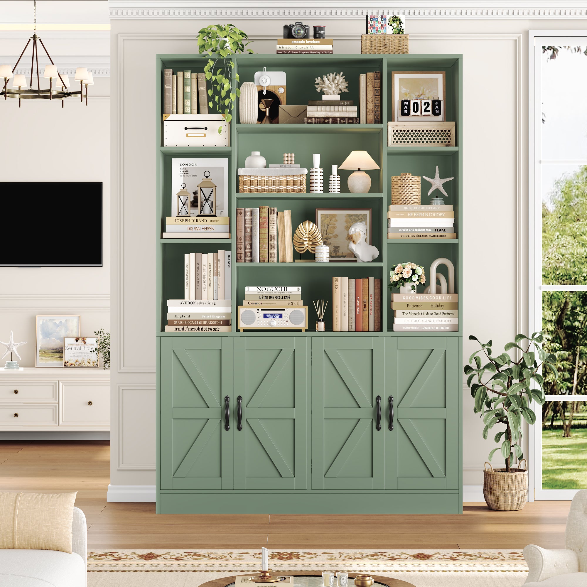 Hiphuta 75" Tall Modern Bookcases with 2 Double Door Cabinet, 47"Wide Wooden Storage Bookshelf for Living Room Home Office Entryway, Green