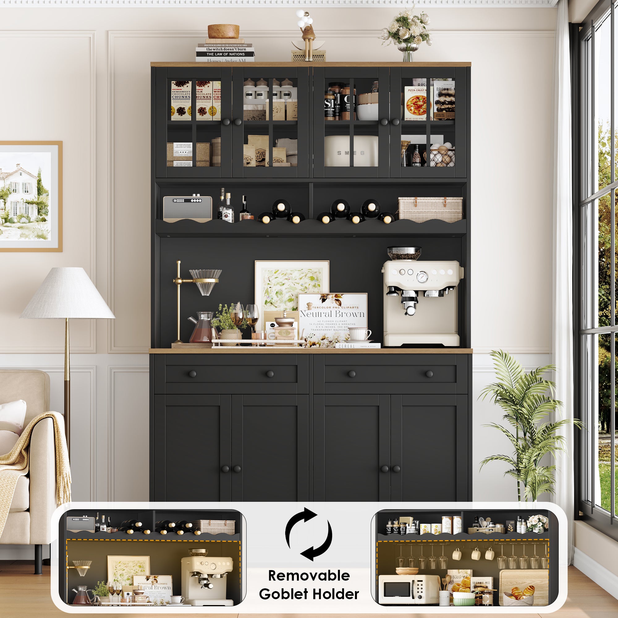 Hiphuta 75"Tall Kitchen Pantry Storage Cabinet with Power Outlet, Large Pantry Cabinet with Microwave Stand, Modern Freestanding Cupboard Hutch for Home Dinning Room, Black