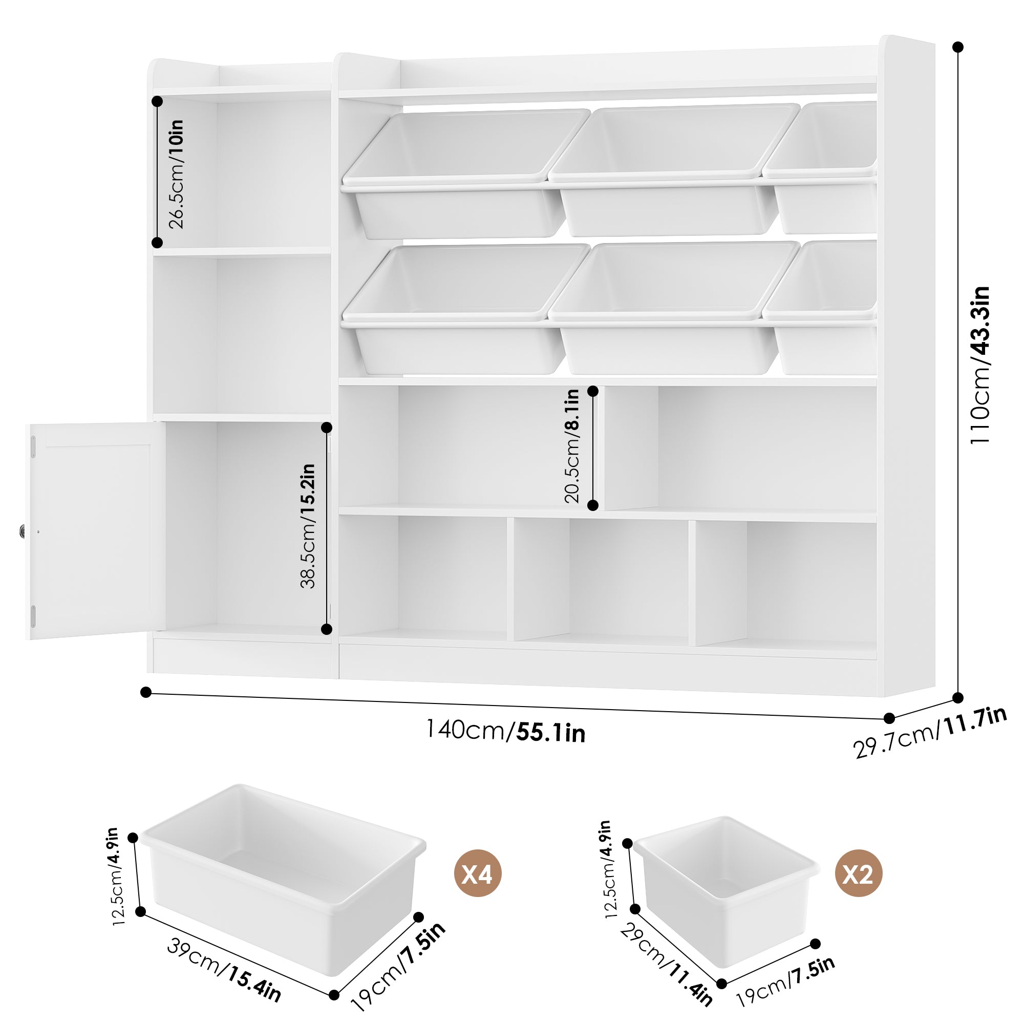 Hiphuta Kids Toy Organizer, Wood Toy Cabinet of 8 Compartments & 6 Movable Bins, White Bookshelf for Kids Bedroom