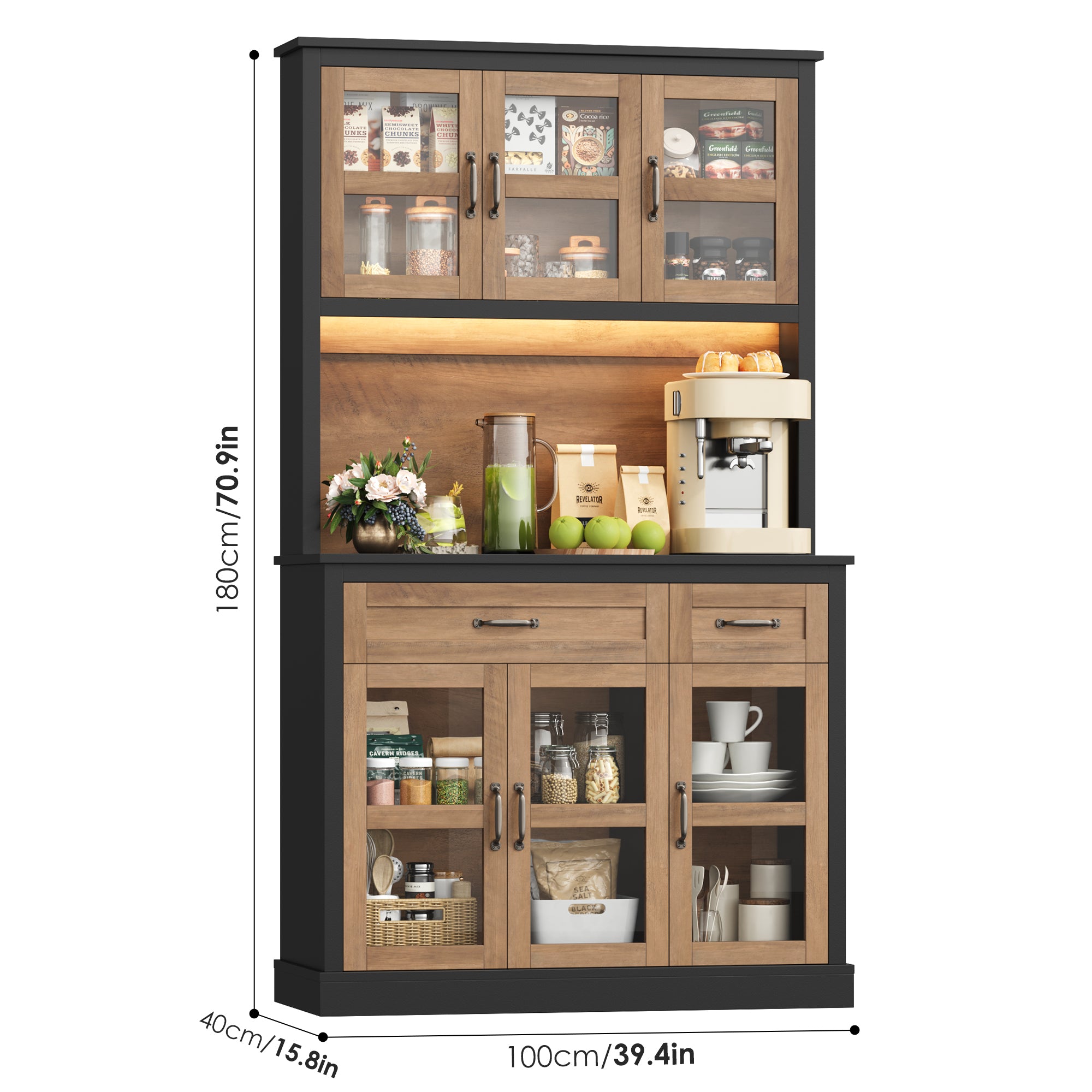 Hiphuta 71" Pantry Cabinet with Charging Station, Kitchen Pantry Storage Cabinet with Microwave Stand & Wine Rack, Food Wooden Pantry Cabinet with Countertop for Dining Room, Black & Oak