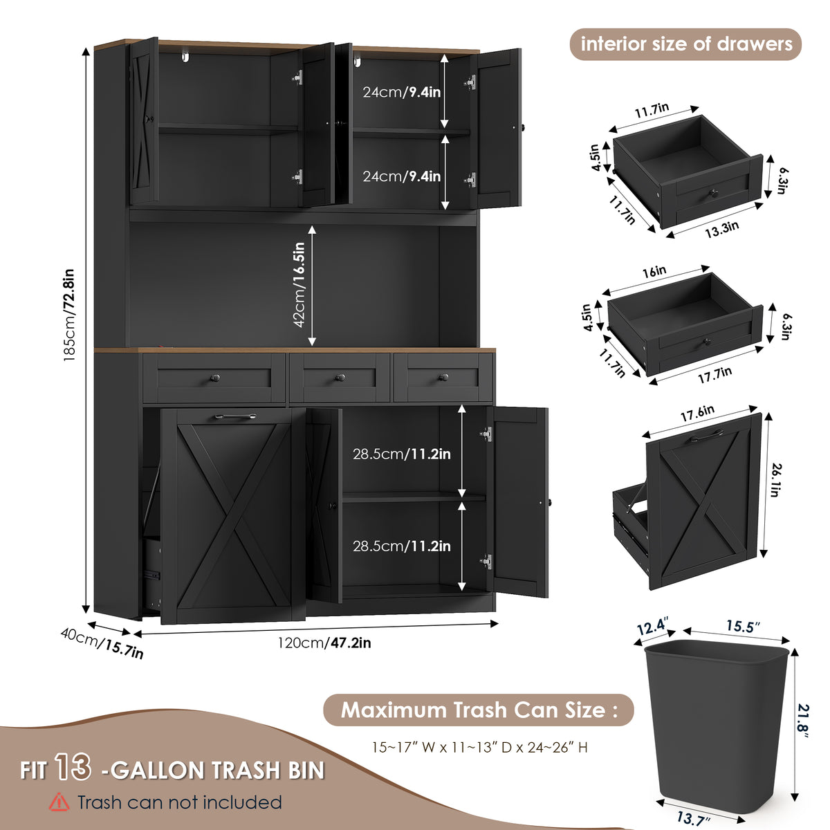 Hiphuta 73” Tall Kitchen Pantry Cabinet Fits 13 Gallon Trash Can Cabinet, Farmhouse Kitchen Storage Hutch with Pull Out Trash Can Storage for Dining Room Living Room, Black