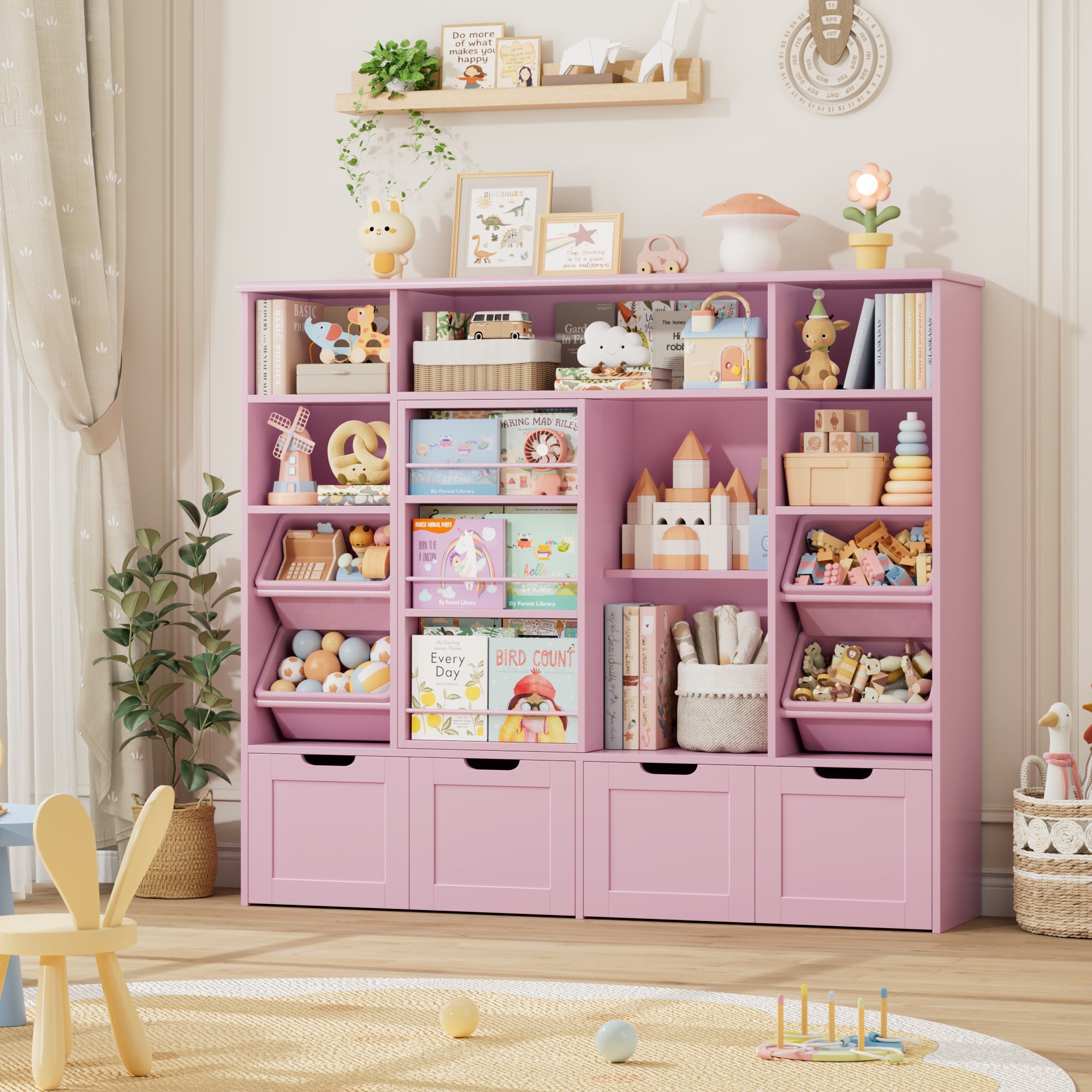 Hiphuta 55"W Kid Toy Storage Organize with Sliding Bookshelf, Kid Bookcase with 4 Removable Drawers, Toy Storage Toy Organize for Kid Bedroom Playroom, Pink