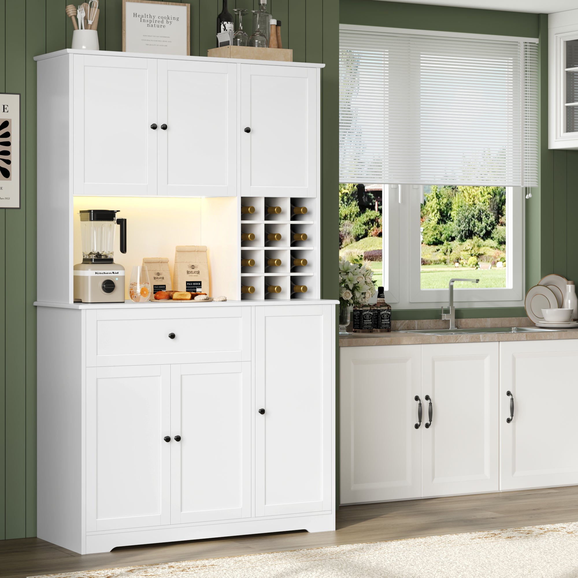 Hiphuta 71" Pantry Cabinet with Charging Station, Kitchen Pantry Storage Cabinet with Microwave Stand & Wine Rack, Kitchen Hutch Cabinet with Storage Drawers, Food Pantry Cabinet with Countertop for Dining Room, White