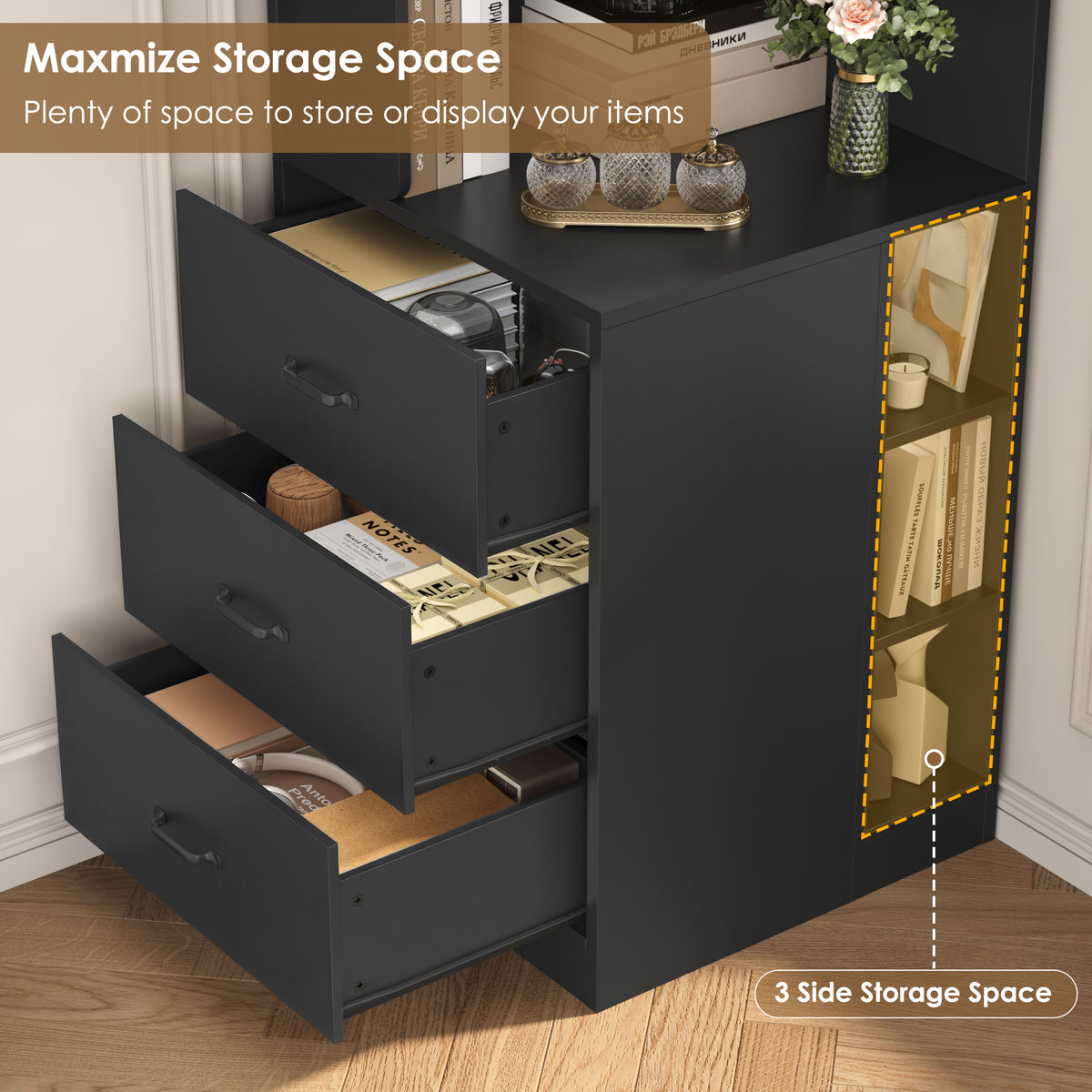 Hiphuta 77"Tall L-Shaped Corner Bookshelf with Drawers and Side Storage, Modern Wood Bookcase with 4-Tier Display Shelves Storage Cabinet for Living Room Home Office , Black