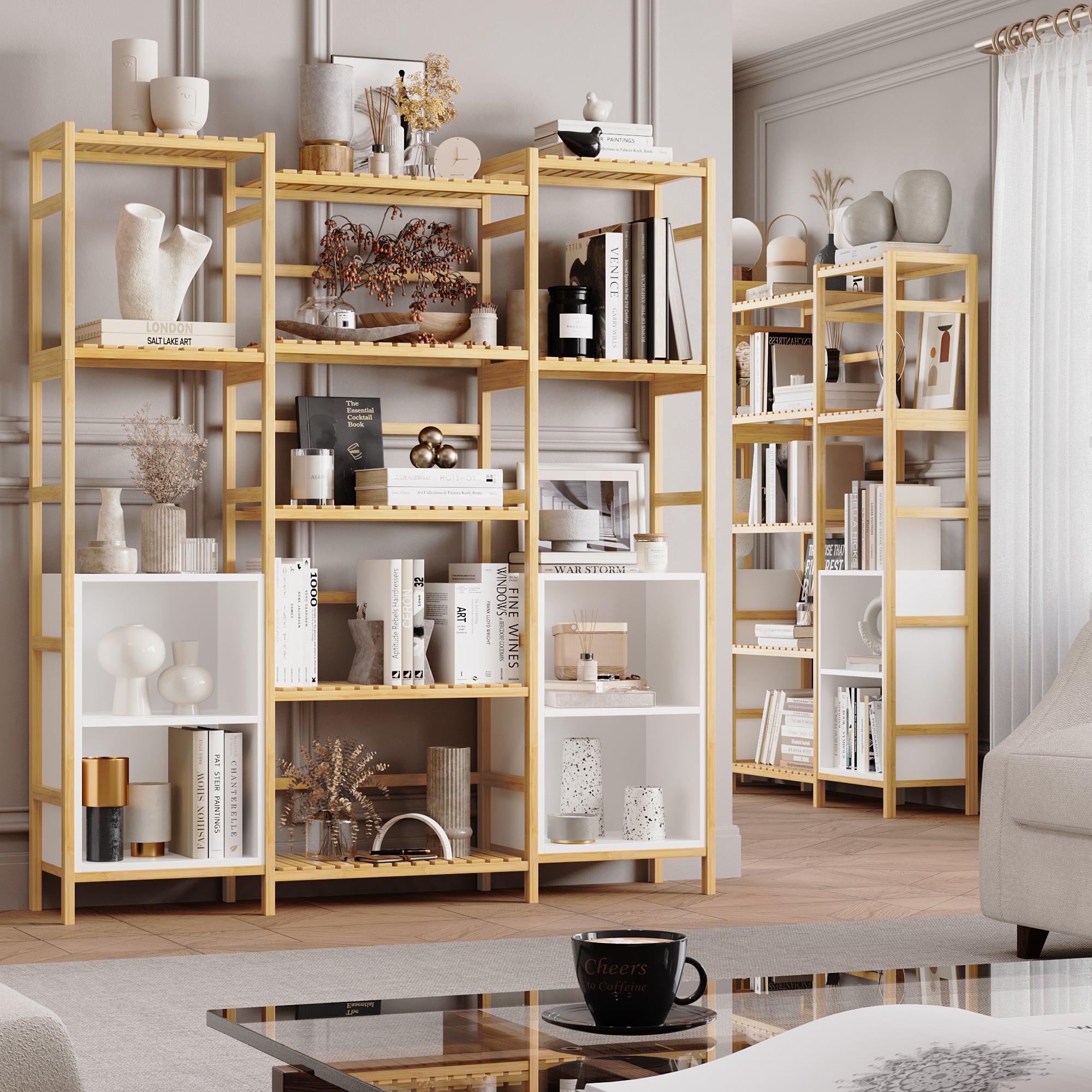 Hiphuta Bamboo 64”H Bookshelf, 9 Tier Bookcase Storage Shelves, Tall Book Rack Shelving Unit, Multipurpose Storage Adjustable Shelves Plant Stand for Home Office Bathroom Kitchen Living Room