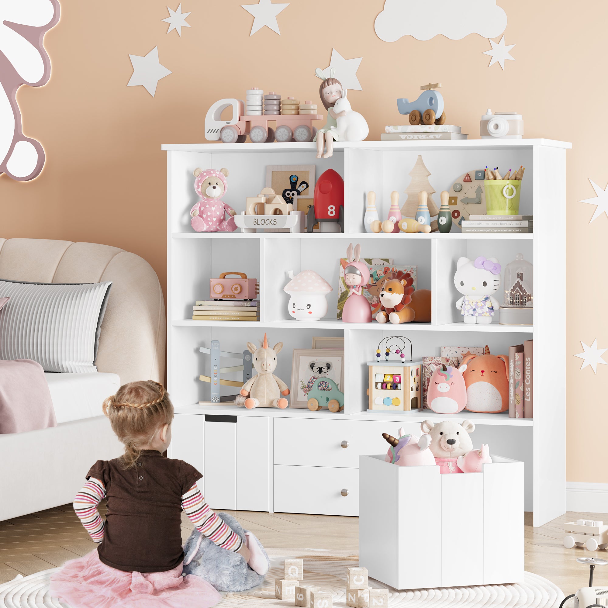Hiphuta Kid’s Toy Storage Organizer, Wood Toy Cabinet of 7 Cubes & 4 Drawers, White Bookshelf for Kids Bedroom